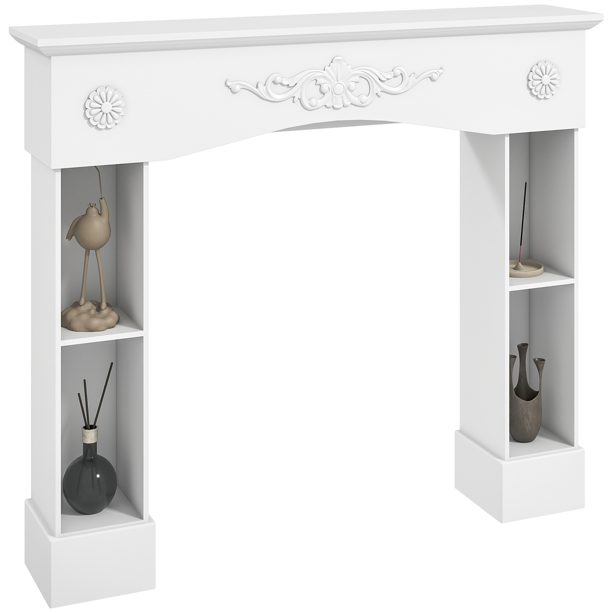 Baroque Fireplace Mantel, Freestanding Fireplace Surround with Leg for Electric Fireplaces, 45.3" W x 39.4" H, White