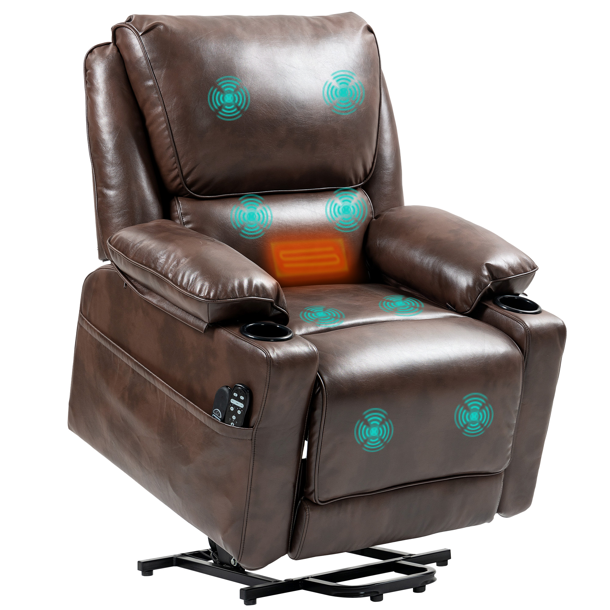 Power Lift Chair for Elderly, Faux Leather Recliner Sofa with Vibration Massage and Heat, Remote, Side Pockets, Brown
