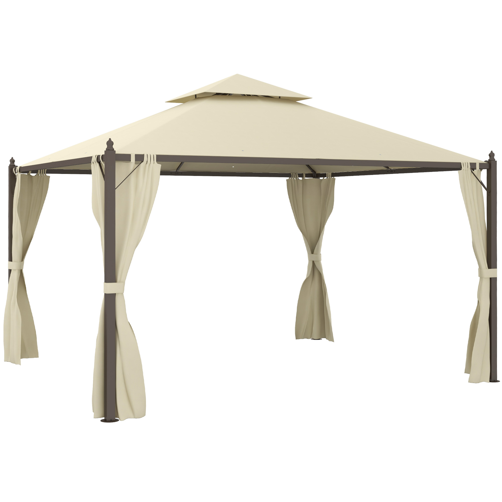 10' x 12' Outdoor Patio Gazebo with Curtains, Two-Tier Roof, Beige