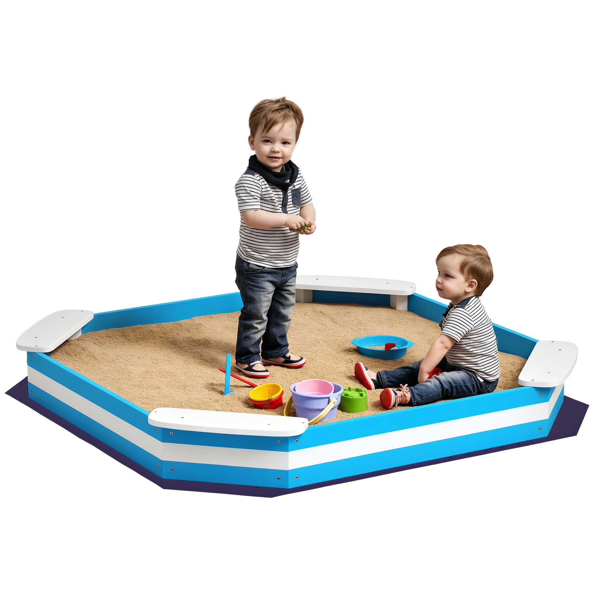 Kids Sandbox with 4 Corner Seats, Bottom Liner for Backyard, Garden, Outdoor, 52" x 52" x 6", Blue