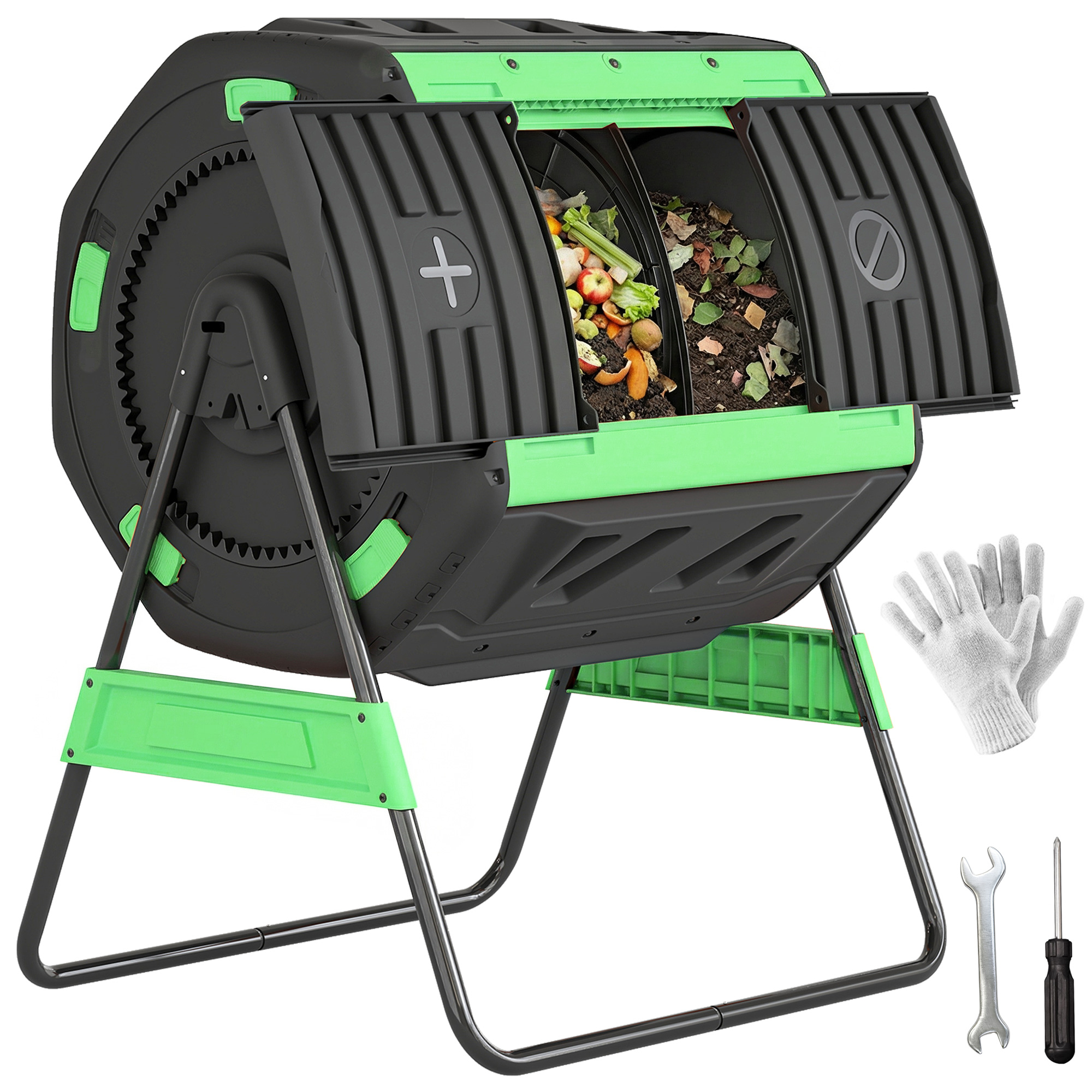 Compost Bin Outdoor, 53 Gal Dual Chamber Tumbling Composter with Adjustable Vents, BPA Free Tumbling Composter, Green