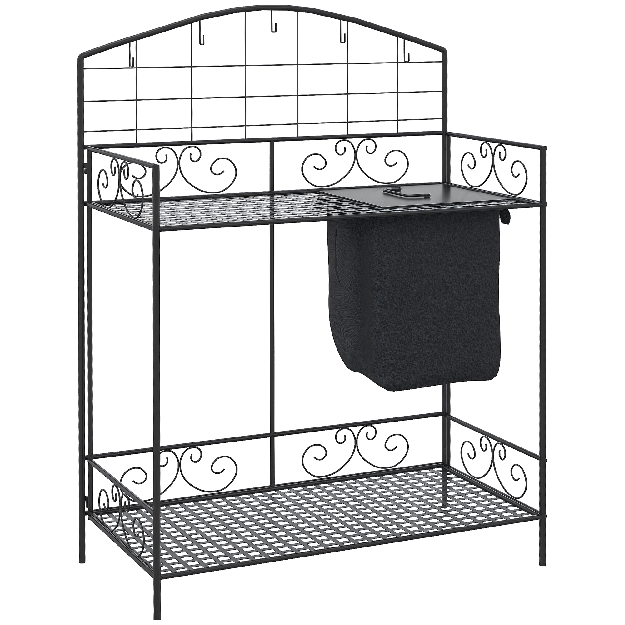 Folding Potting Bench Table, Metal Garden Workstation, Work Bench with Large Build-In Bag with Cover, 5 Hanging Hooks & Storage Shelf, Flourishes