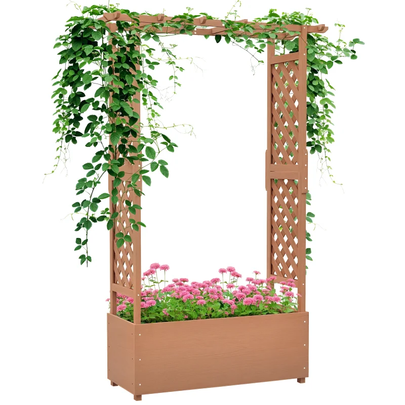 Raised Garden Bed with Trellises and Roof for Climbing Plant Vine, Hanging Flowers, 70.75" Tall Outdoor Wood Planter Box with Drainage & Filter