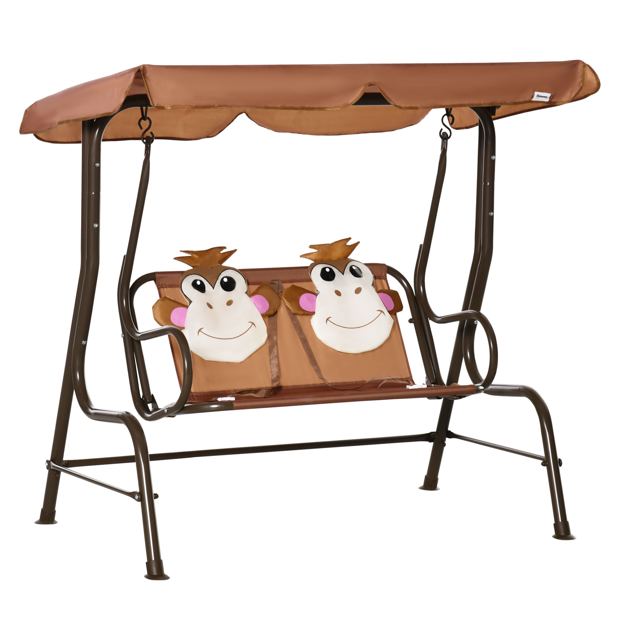  Porch Swing for Kids with Adjustable Canopy to Block Sun at Angles, Kids Swing Chair with Seatbelts, Monkey Pattern, Gift for Kids Ages 3-6, Coffee