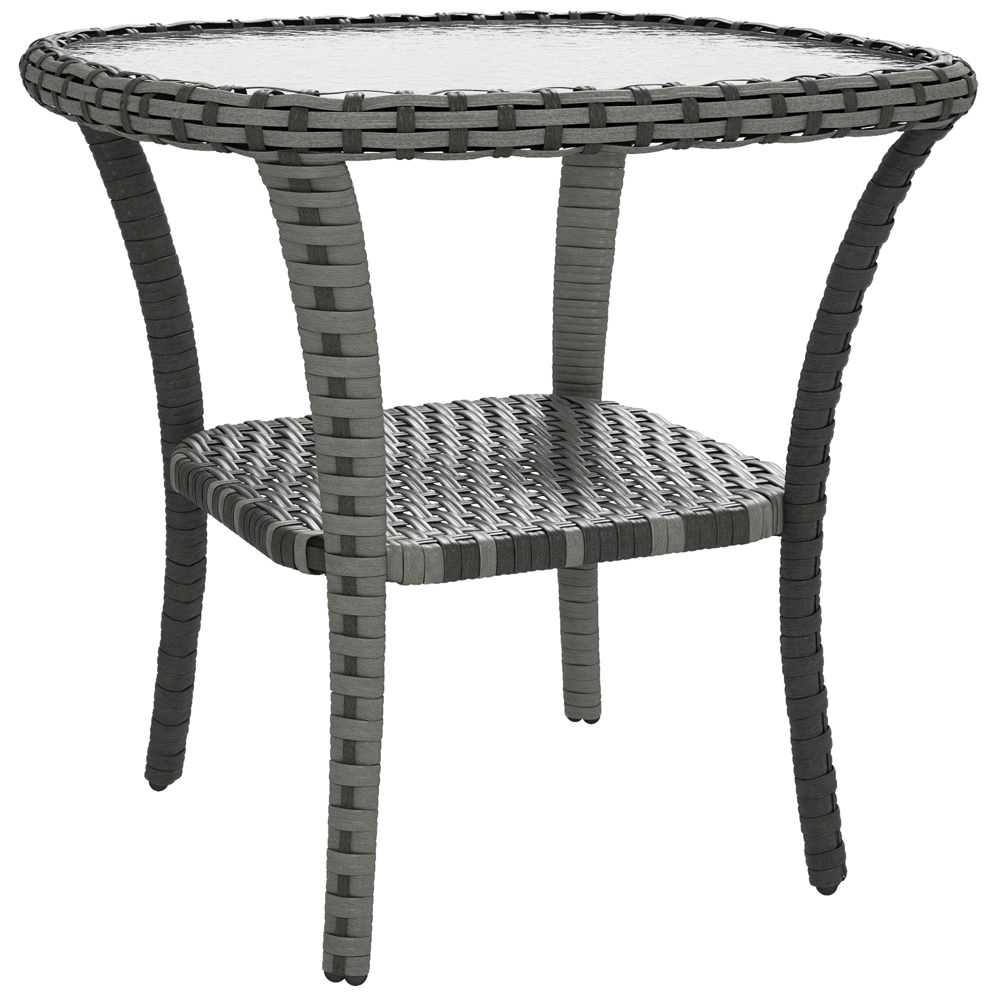 Outdoor Coffee Table with Storage Shelf, Hand-Woven Wicker Side Table with Water-Ripple Glass Top, Mix Gray