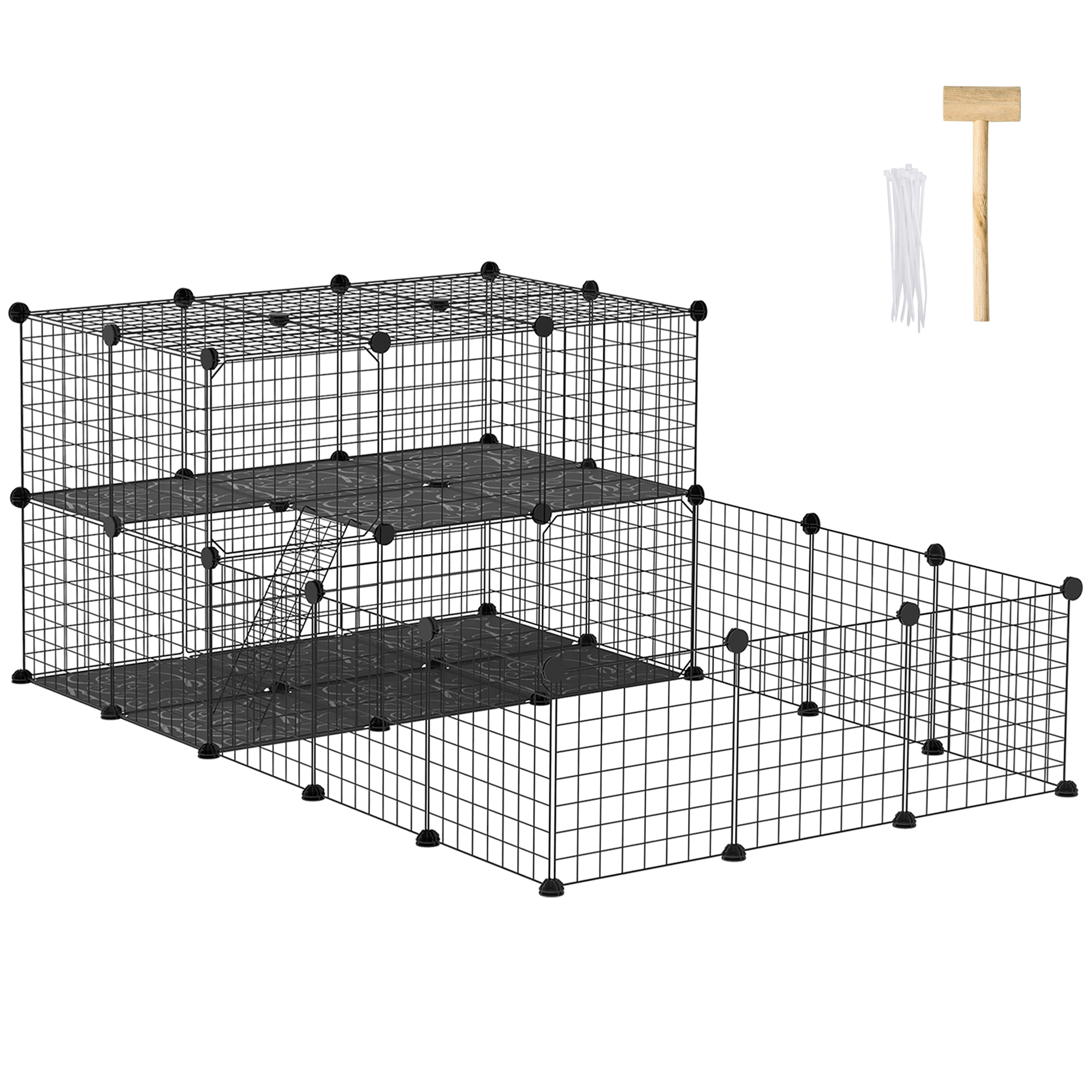 Pet Playpen with Door, Metal Mesh Cage with Mallet, Black