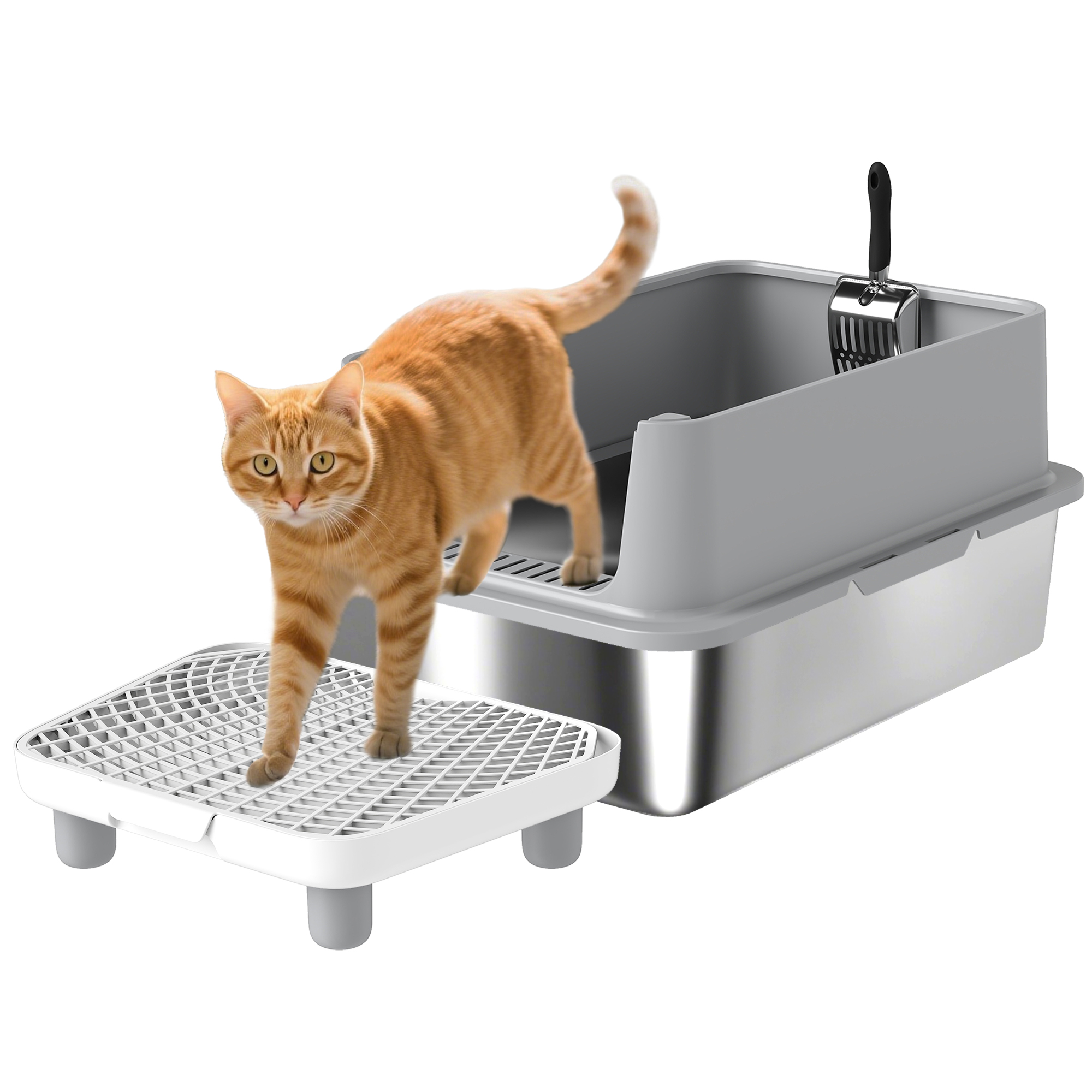Extra Large Stainless Steel Cat Litter Box with Scoop & Pad, Anti-Urine Leakage, Easy Cleaning, Non-Sticky