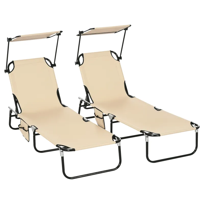 Chaise Lounge Pool Lounge Chairs Set of 2, Outdoor Sun Tanning Chairs, Reclining Back, Steel Frame and Side Pocket, Tan