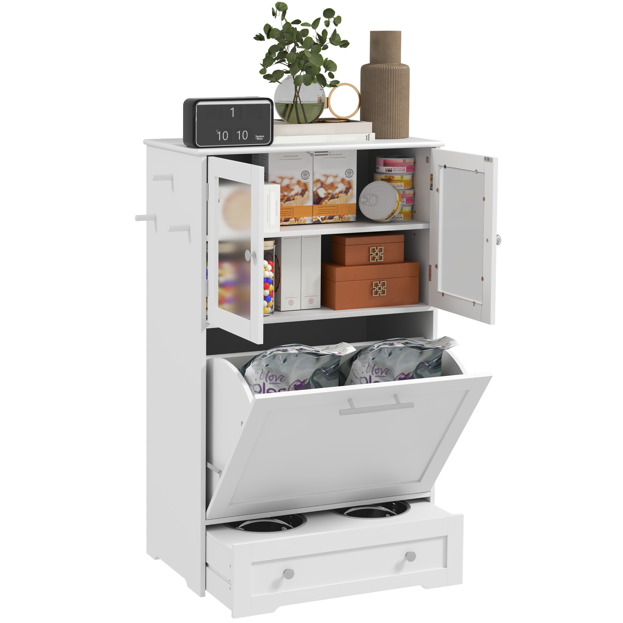 Dog Feeding Station with Two Storage Cabinets, 2 Elevated Dog Bowls, Side Hooks, Anti-tip Kit, for Feeding & Watering