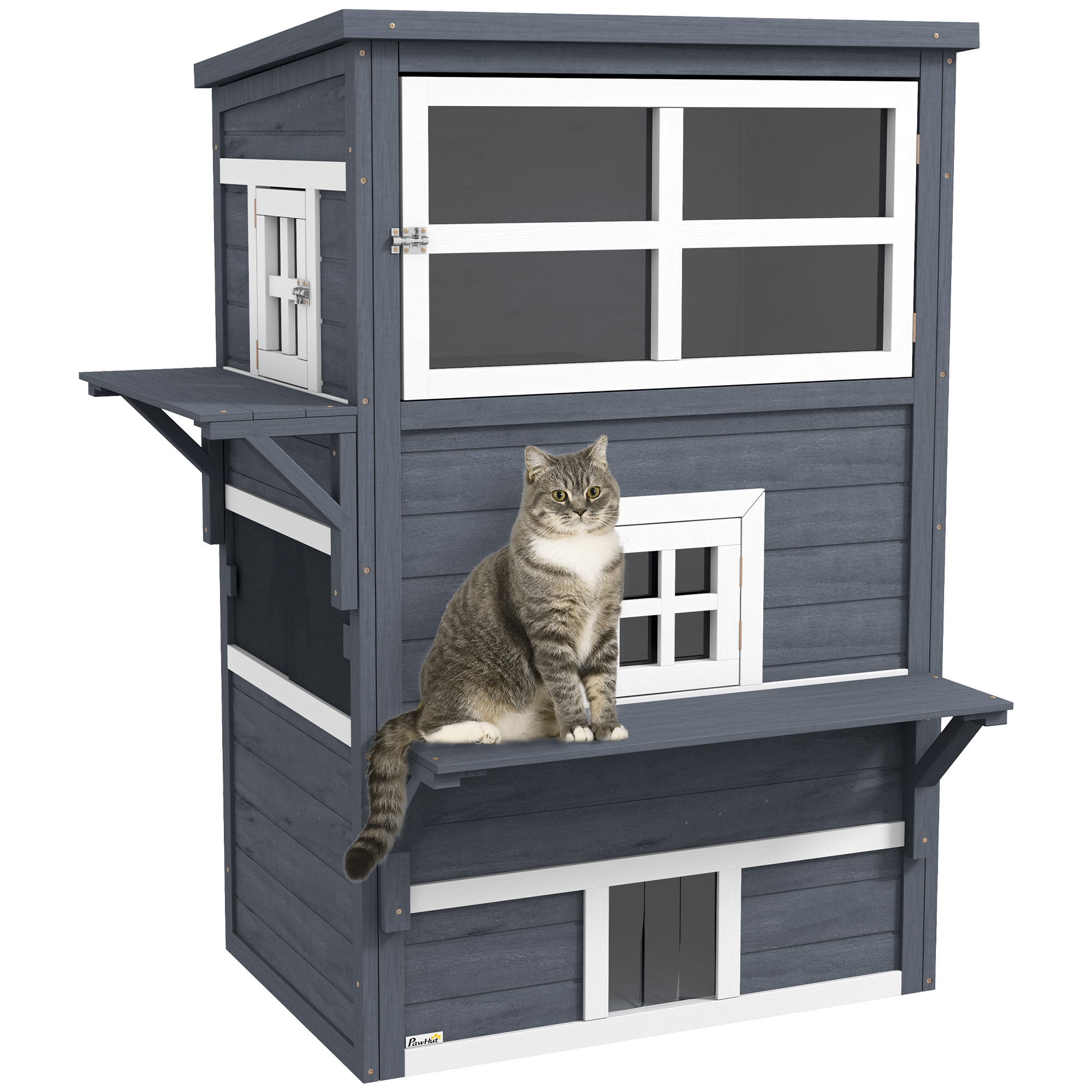 Cat House, Outdoor 3-Tier Kitty Shelter, Weather Resistant, w/ Escape Door