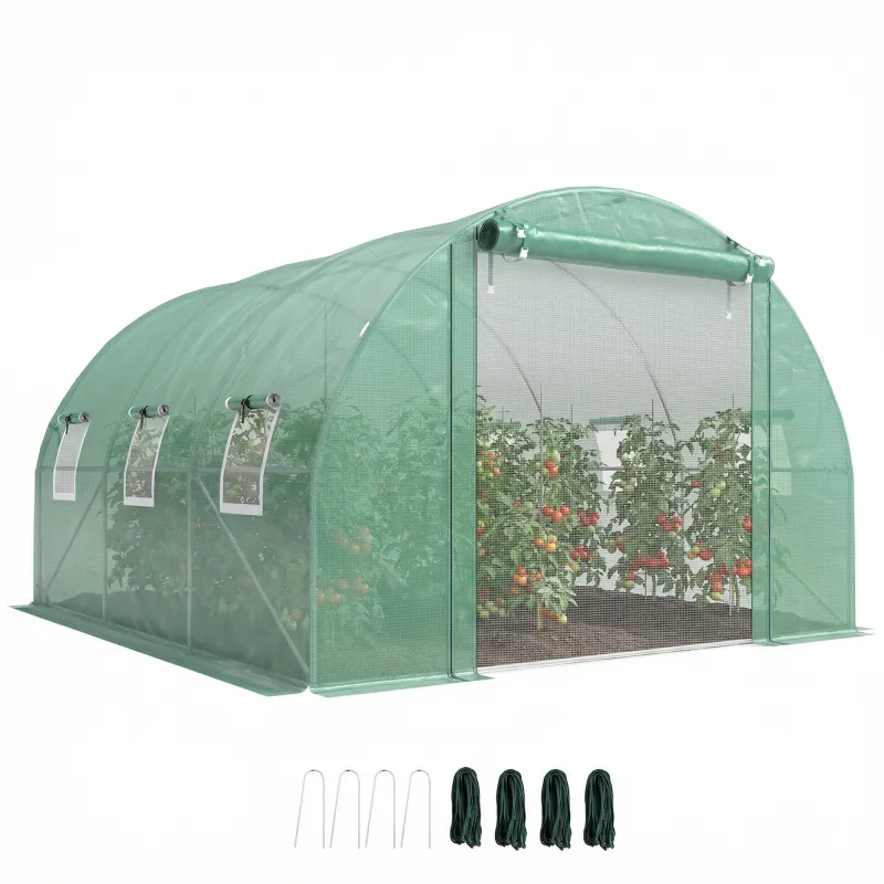10'x11'x6' Walk-in Tunnel Greenhouse with Shelves, Mesh Door and Windows, Hoop House Greenhouse with PE Cover, Green