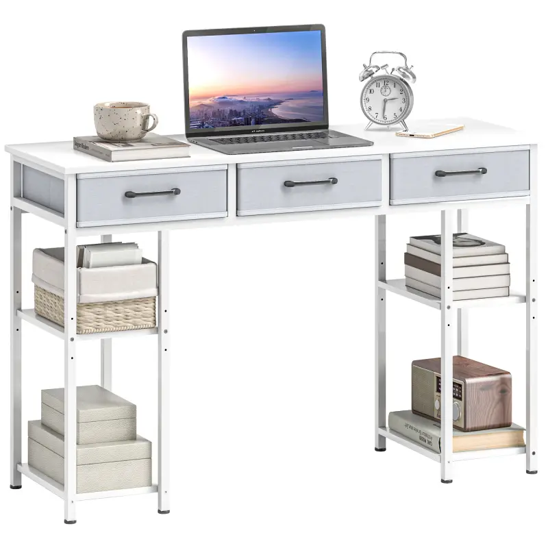 47" Small Computer Desk, Writing Desk with Fabric Drawers, Home Office Desk with Adjustable Shelves, White