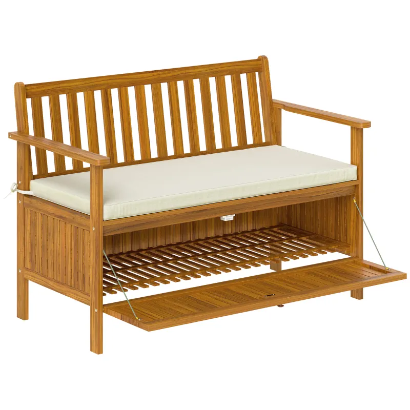 Outdoor Bench with Storage Compartment, Acacia Wood Patio Bench with Cushion, 2 Seater Garden Bench, Teak
