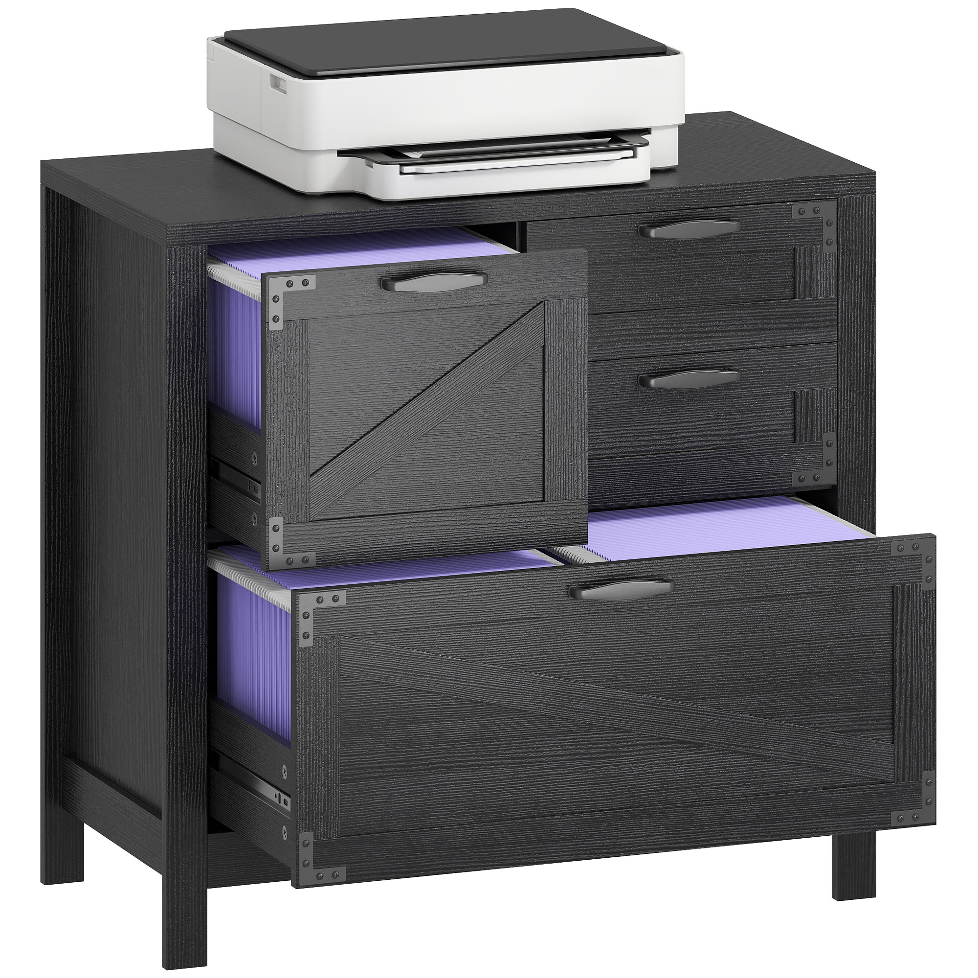Lateral Filing Cabinet, Farmhouse File Cabinet with 4 Drawers, Fit Letter/A4/Legal Hanging Files, Black