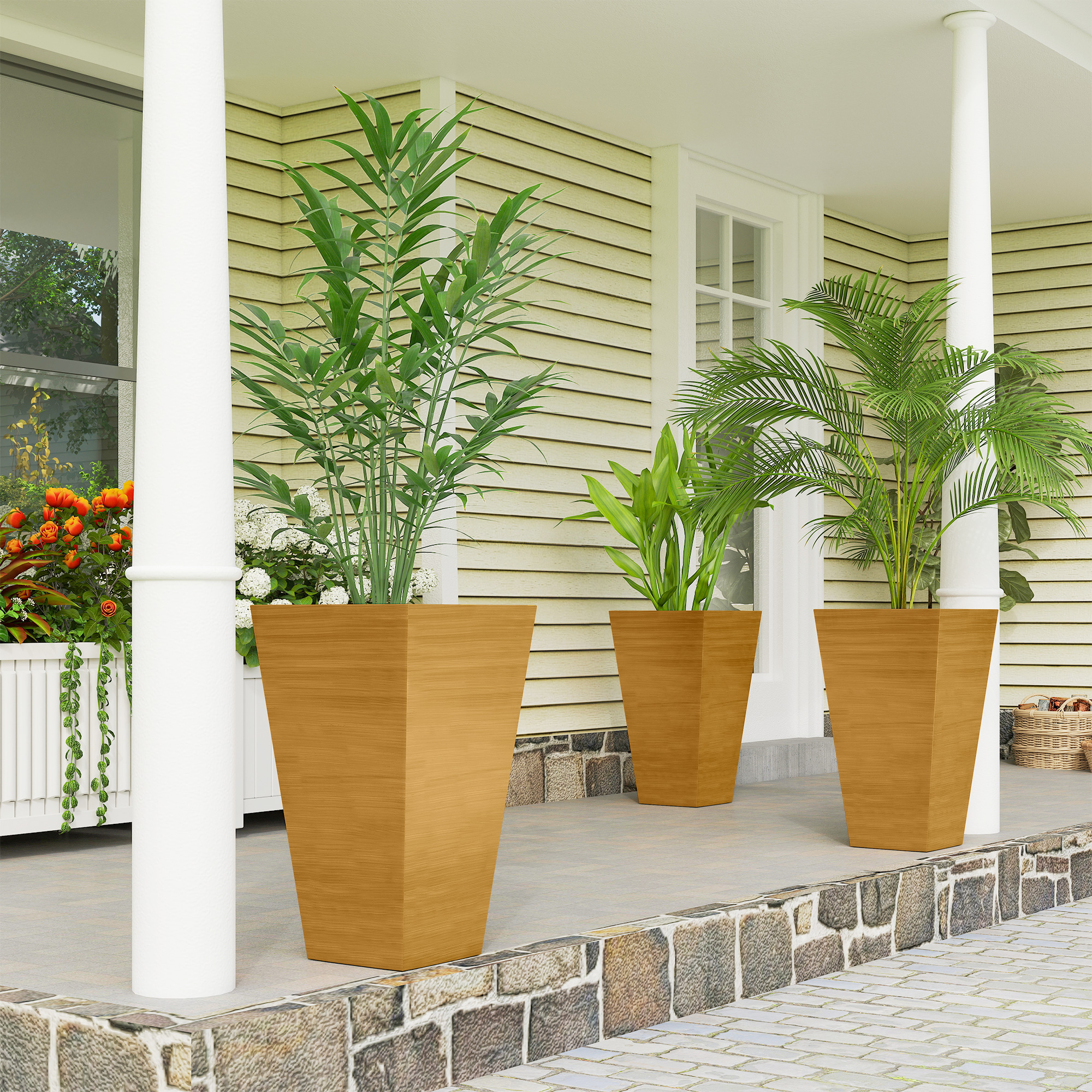 Set of 3 Tall Planters, 28" Outdoor Planter w/ Drainage Holes, Faux Wood Plastic Flower Pots, Light Brown