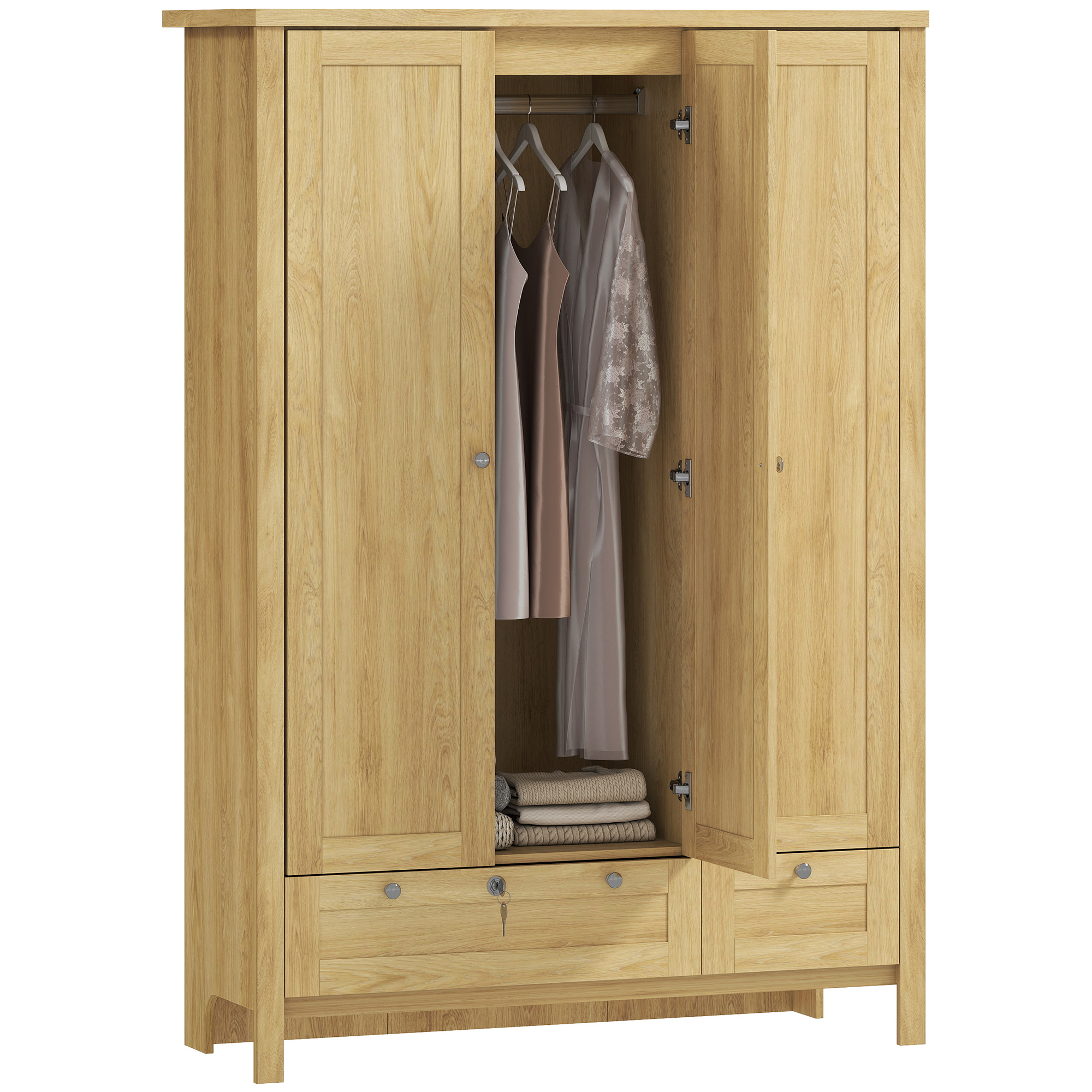 3 Doors Wardrobe Closet with 2 Drawers, Bedroom Armoire with Lockable Drawer, Hanging Rod and Storage Shelves, Natural