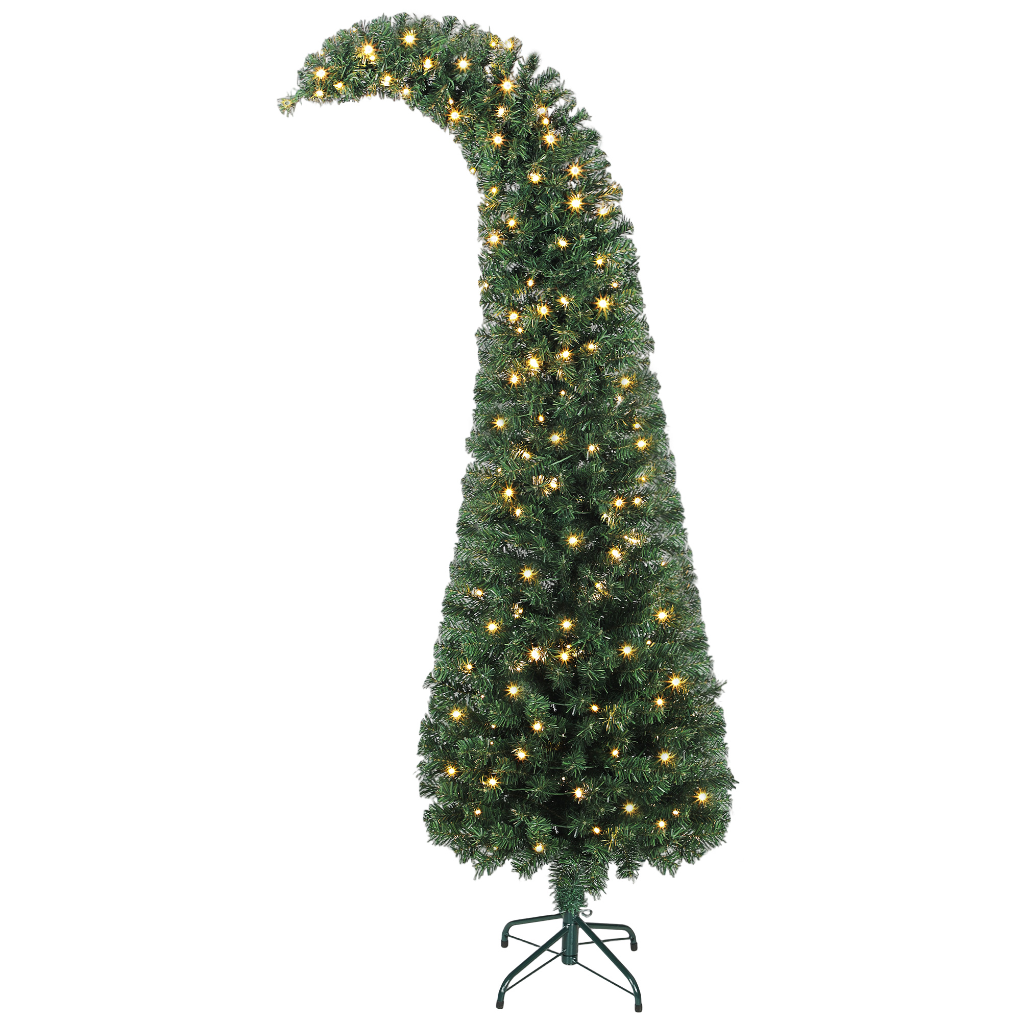 6 ft Prelit Christmas Tree, Whimsical Xmas Tree Slim High Mountain Fir with 200 LEDs and Metal Stand, Green