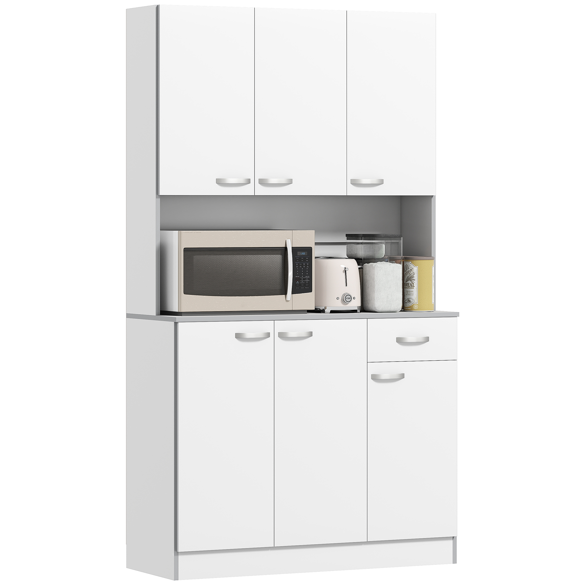 71" Kitchen Pantry Cabinet, Tall Storage Cabinet with Microwave Stand, Modern Kitchen Hutch with Countertop, 6 Doors, Storage Drawer, 3 Adjustable Shelves for Living Room, Dining Room, White