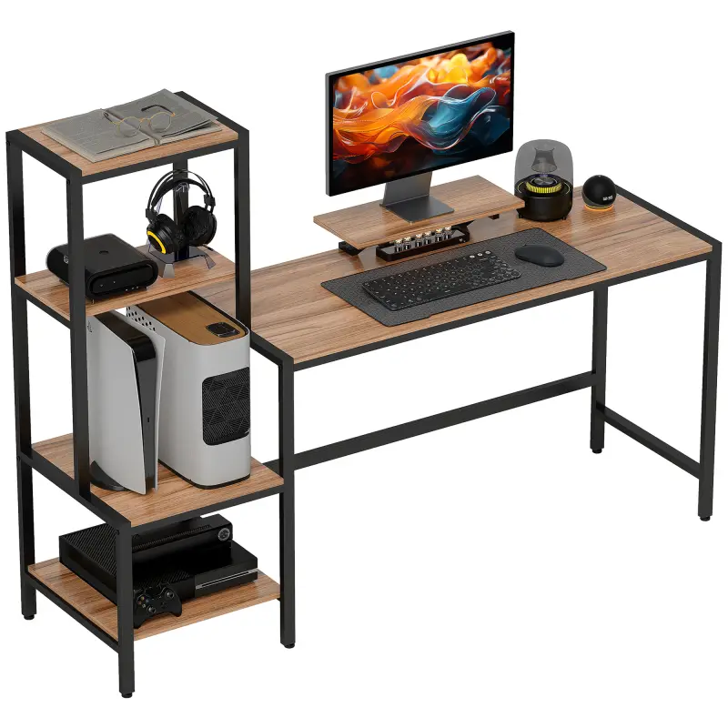 Computer Desk, 67" CPU Desk with Monitor Stand, Reversible 4-Tier Shelf, Industrial Writing Desk for Study Room, Brown