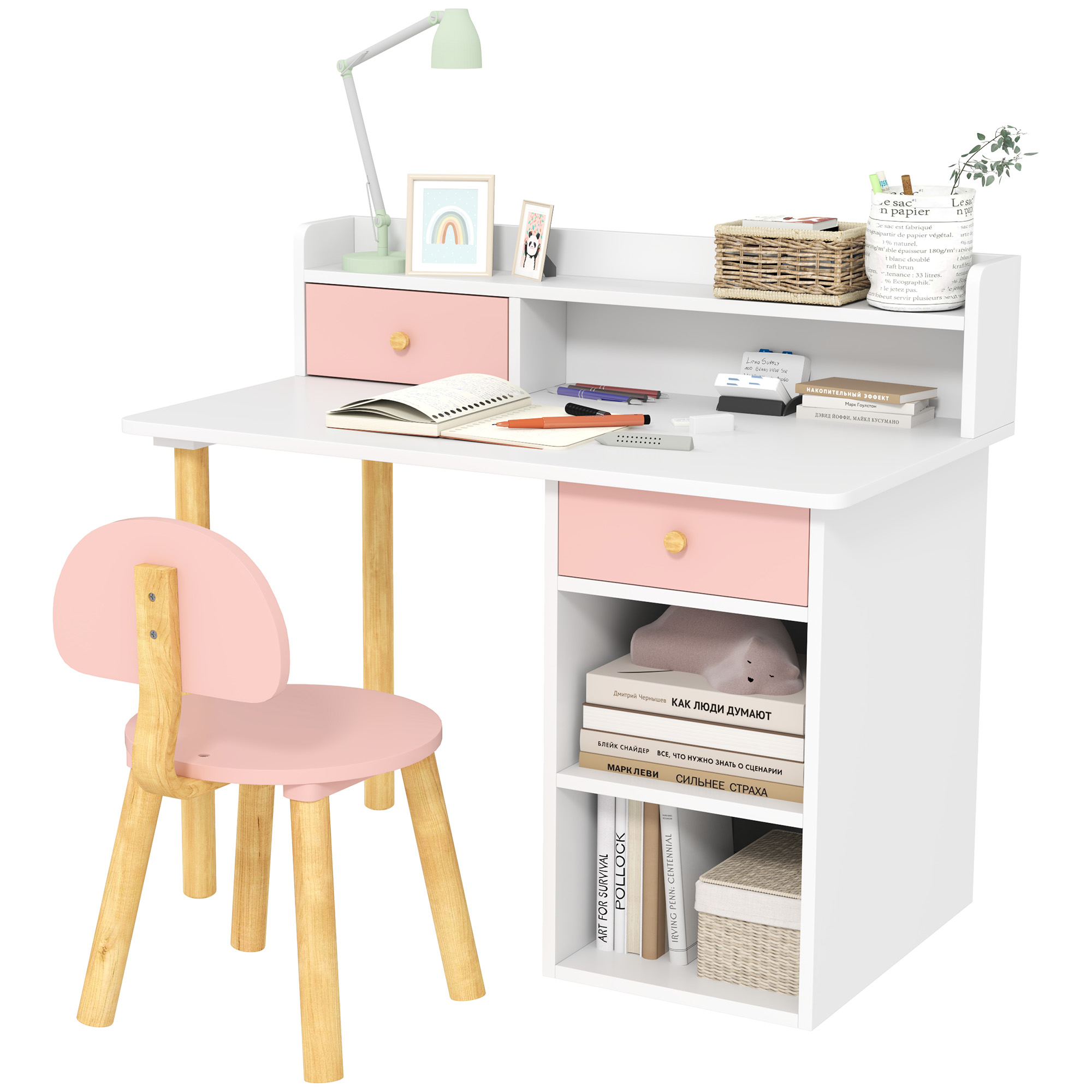 Kids Study Desk with Storage, Kids Desk and Chair Set for Bedroom & Study Room, Girls Boys Aged 3-8 Years, Pink