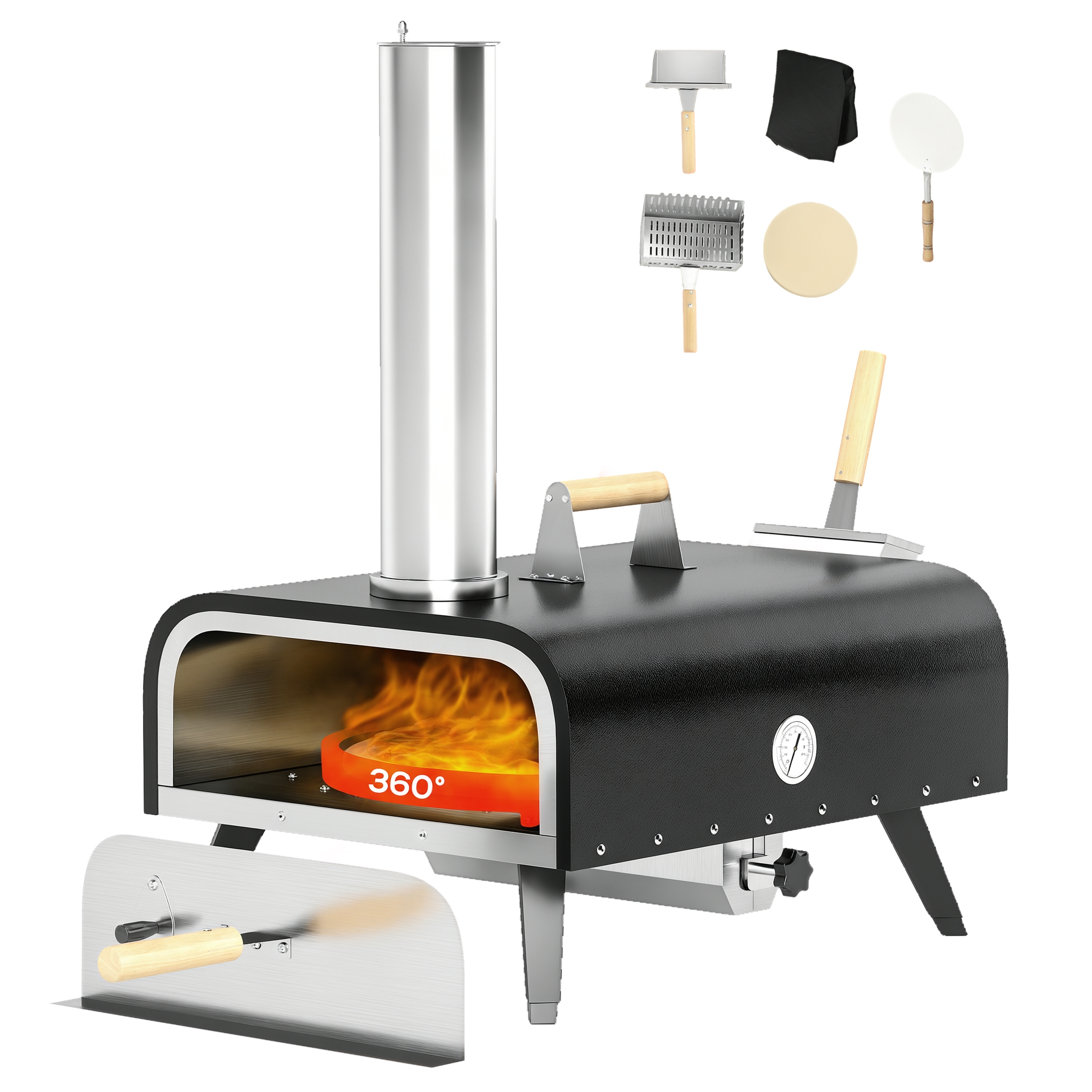 Pellet Wood Fired Pizza Oven, Outdoor Pizza Maker with 12" Rotating Stone, Peel and Waterproof Cover