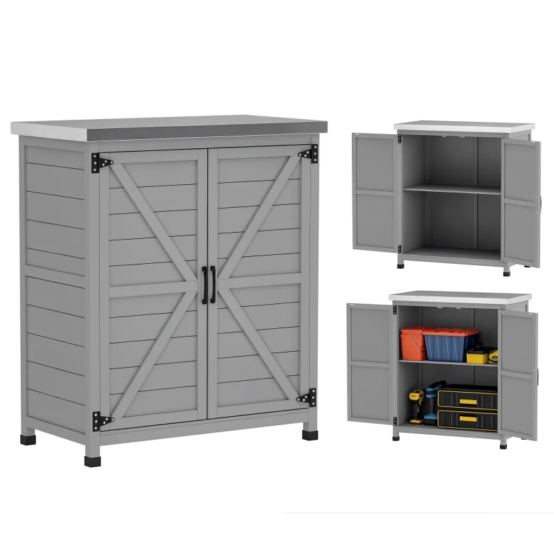 Wooden Storage Cabinet, Outdoor Prep Table with Metal Tabletop, Shelves and Double Doors for Patio, Garden, Gray