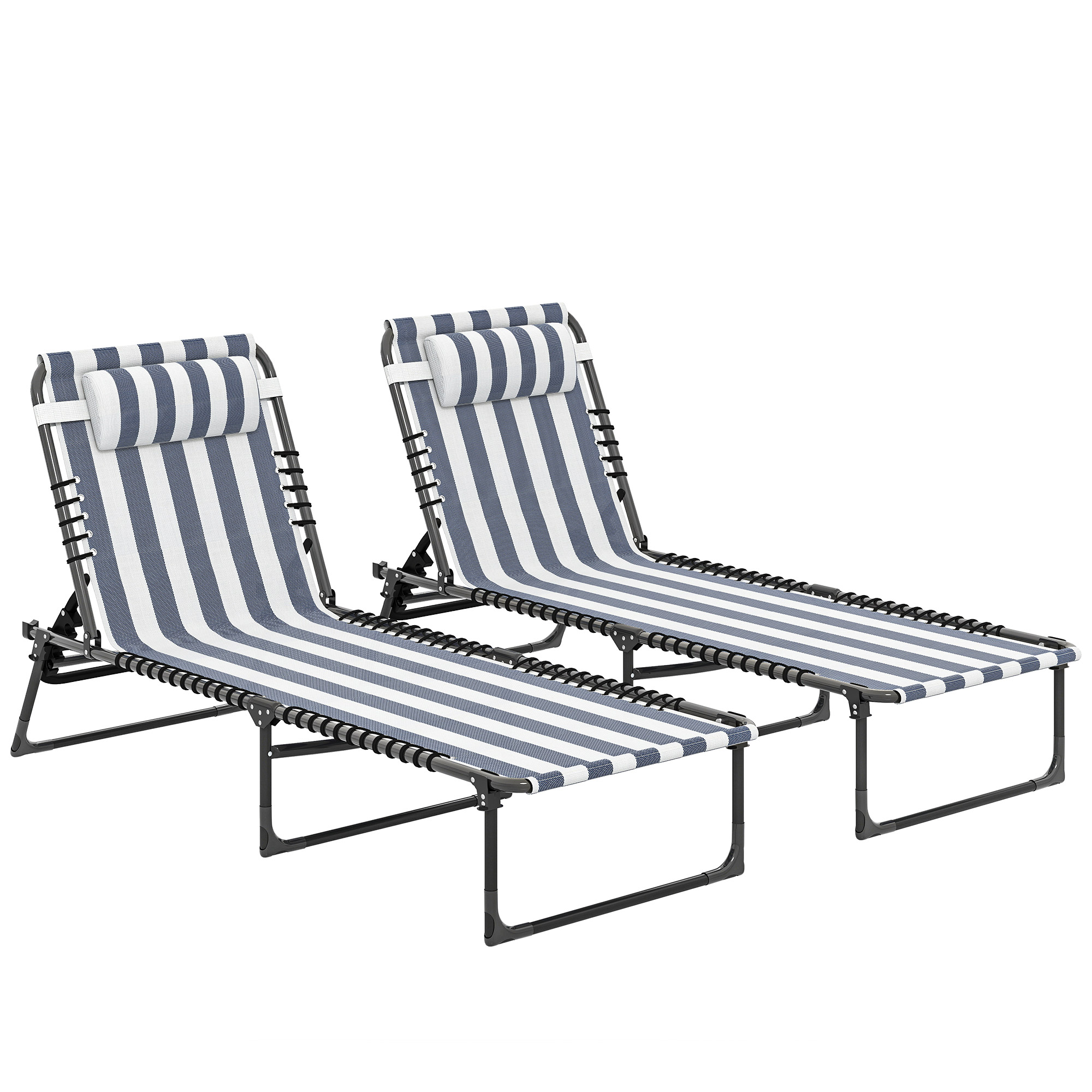 2 Folding Chaise Lounge Pool Chairs with 4-Position Reclining Back, Pillow, Breathable Mesh & Bungee Seat, Blue White