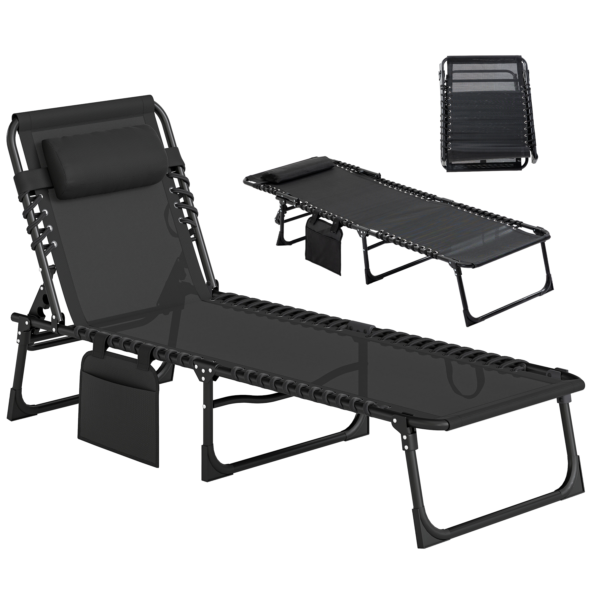 Reclining Chaise Lounge Chair, Portable Sun Lounger, Folding Camping Cot with Adjustable Backrest and Removable Pillow, for Patio, Garden, Beach, Black