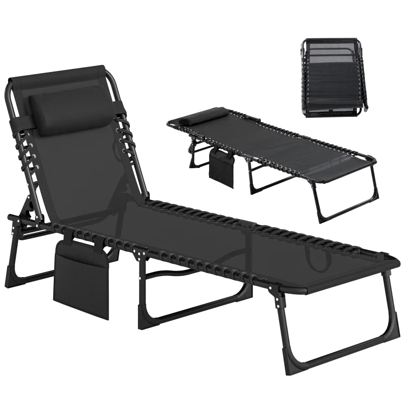 Reclining Chaise Lounge Chair, Portable Sun Lounger, Folding Camping Cot with Adjustable Backrest and Removable Pillow, for Patio, Garden, Beach, Black