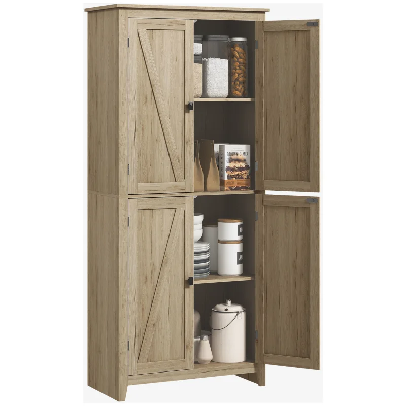  72" Freestanding Kitchen Pantry Cabinet, Farmhouse Tall Storage Cabinet with 4 Door Cabinets and Adjustable Shelves for Dining Room, Natural