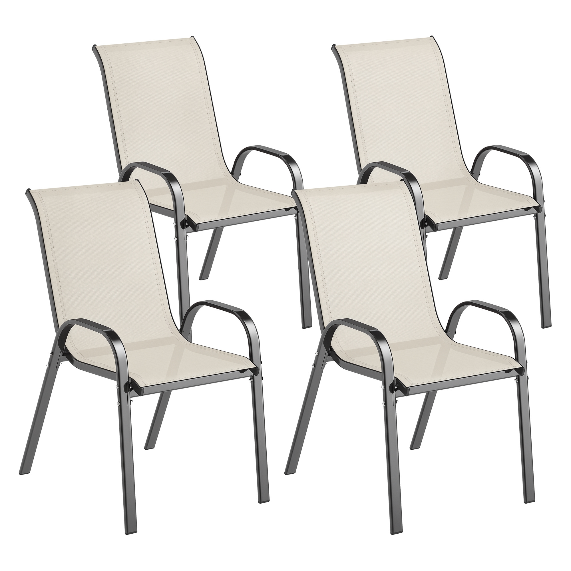 Set of 4 Outdoor Dining Chairs, Stackable Patio Chairs with High Back, Breathable Mesh Seat for Garden Lawn, Beige