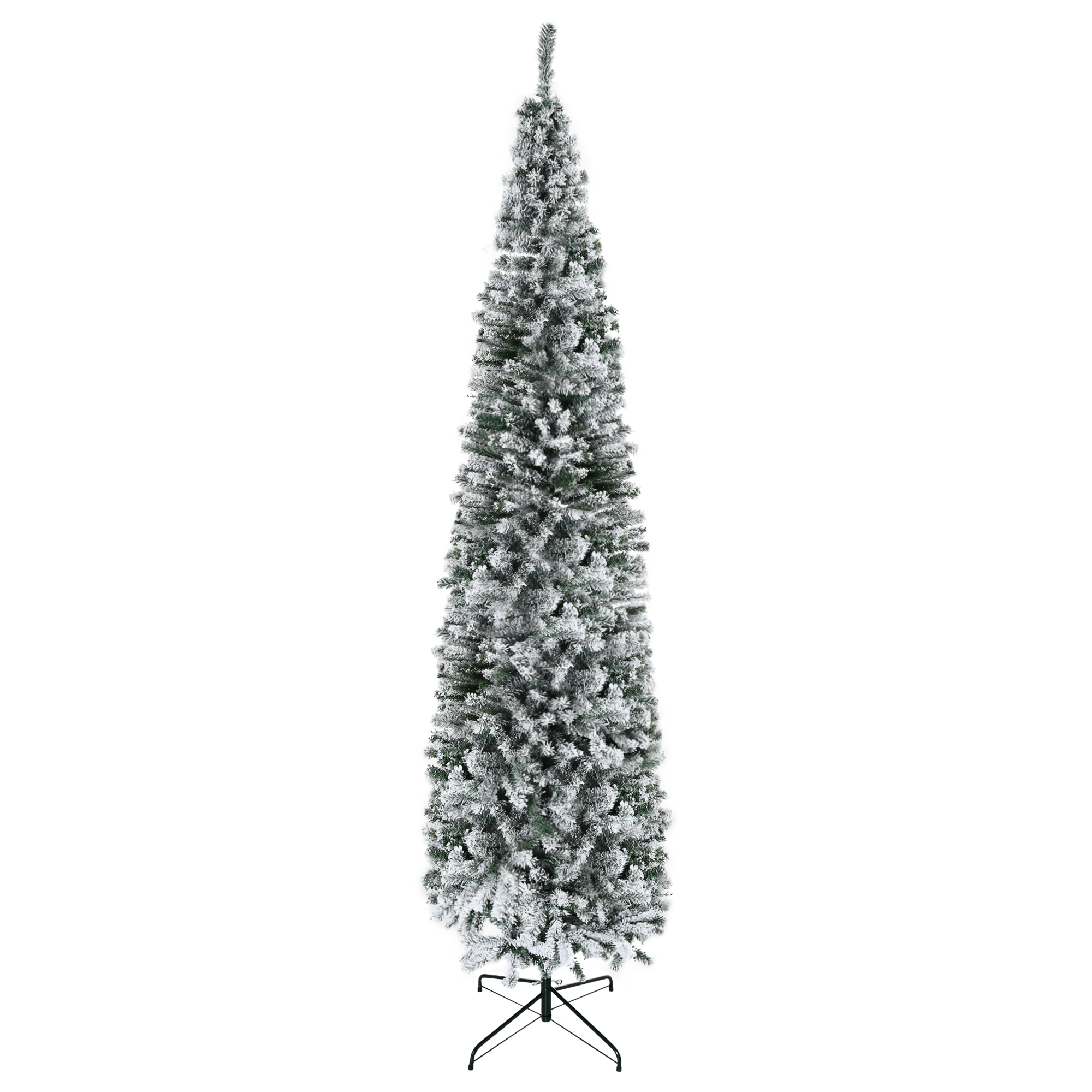 9ft Flocked Christmas Tree, Pencil Artificial Xmas Tree with Faux Snow, Dense Branches, Foldable Metal Base for Indoor Holiday Decor