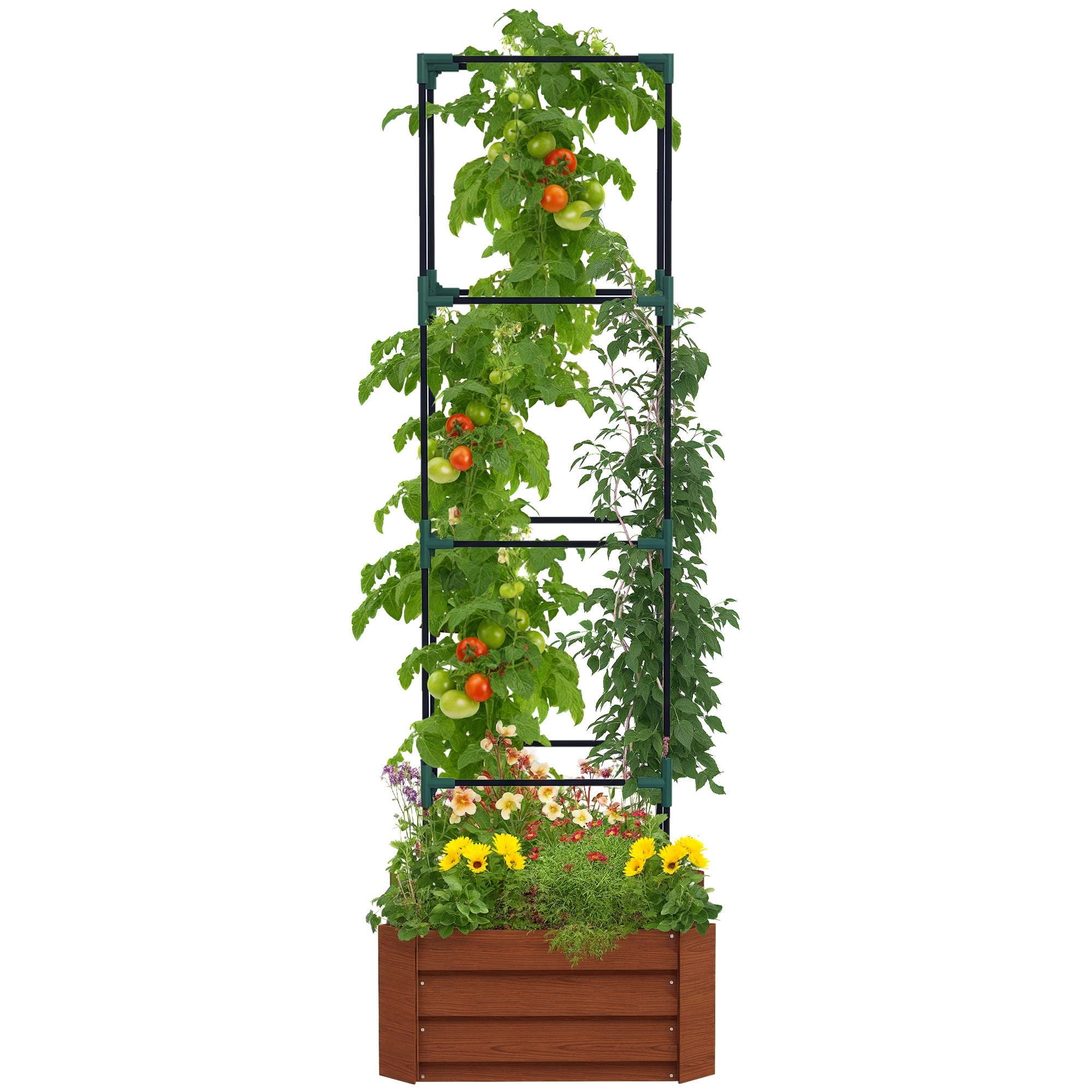 Galvanized Planter Box, 24" x 24" x 73.5" Raised Garden Bed with Tomato Cage for Climbing Vines, Brown