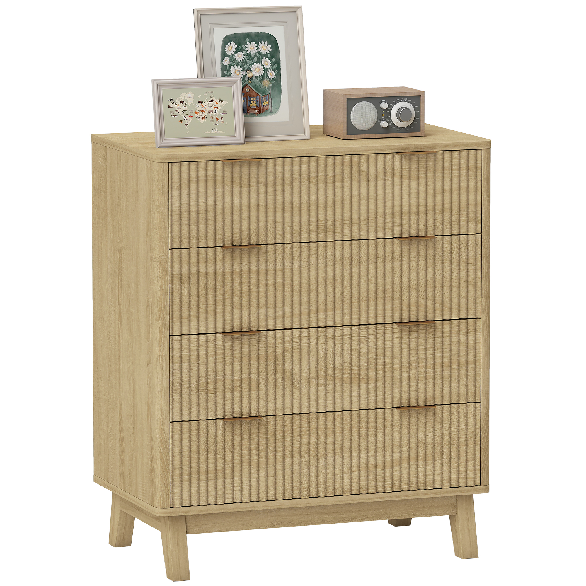 4 Drawer Double Dresser for Bedroom, Fluted Chest of Drawers with Gold Finger Pulls and 4 Wood Legs, Natural Wood