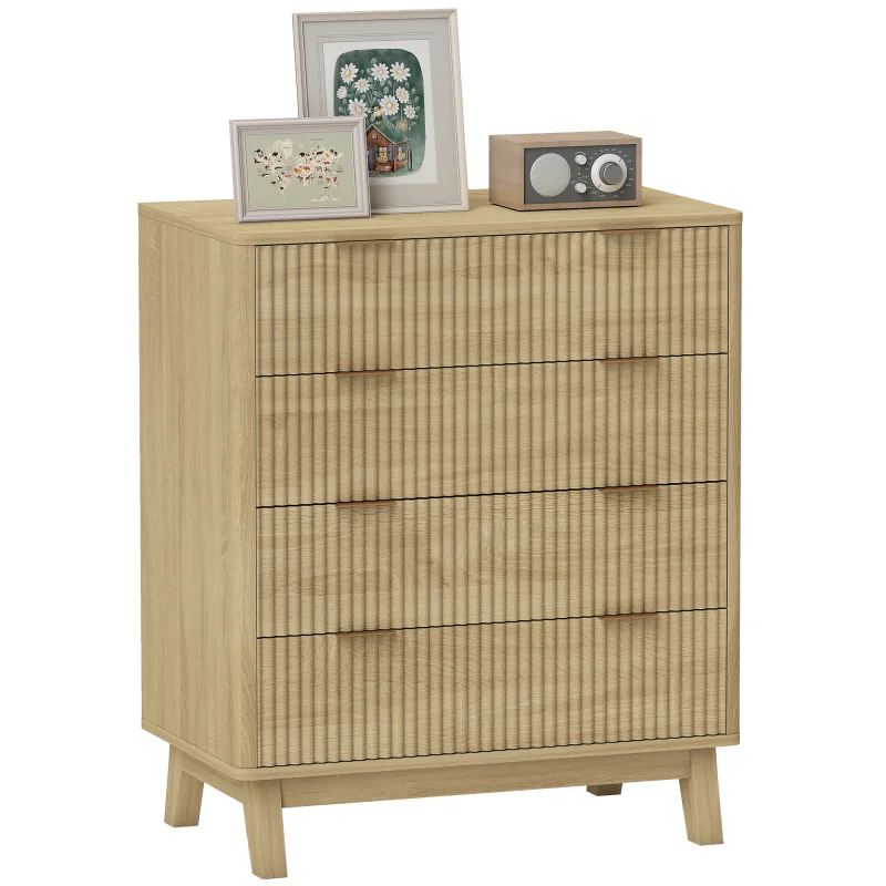 4 Drawer Double Dresser for Bedroom, Fluted Chest of Drawers with Gold Finger Pulls and 4 Wood Legs, Natural Wood