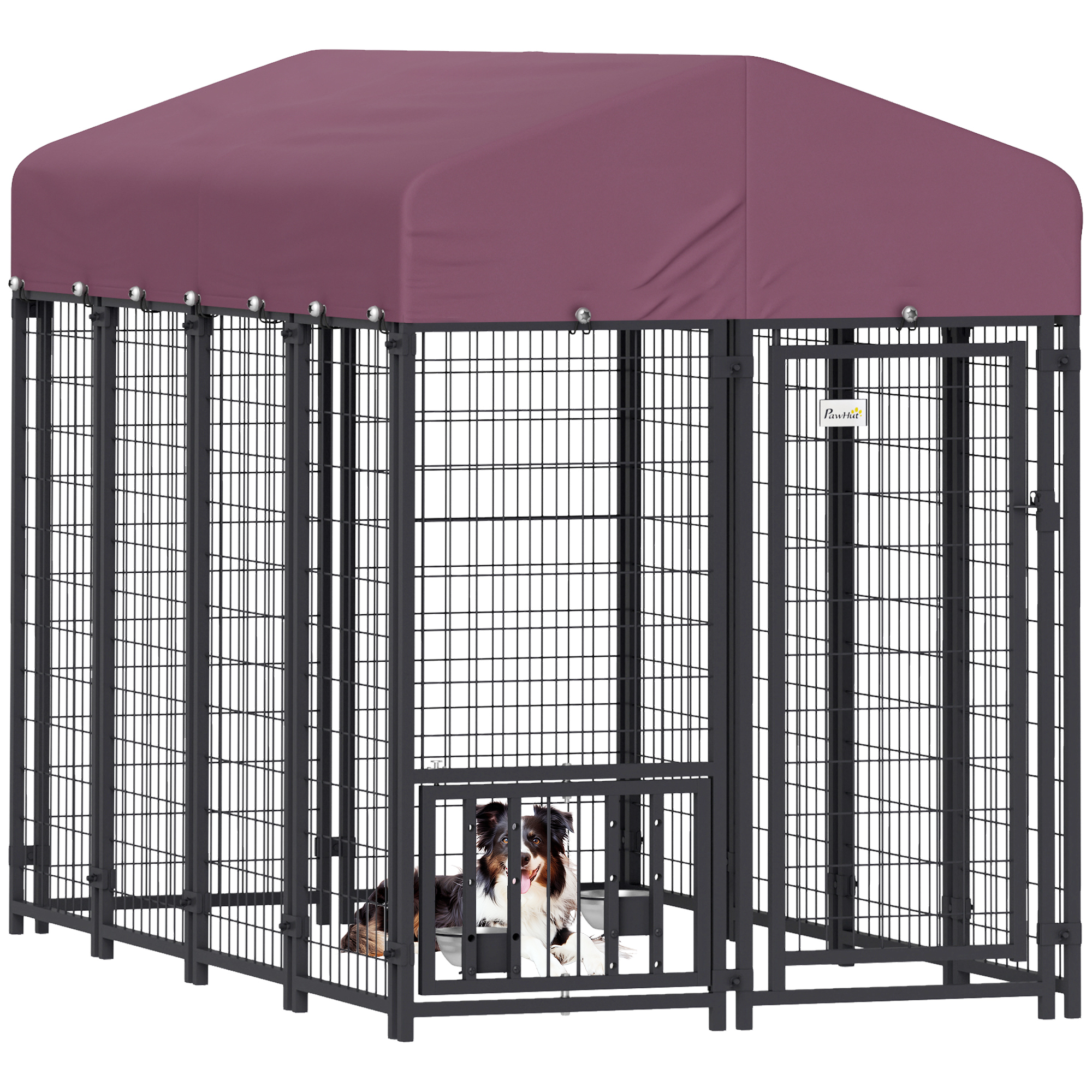 Welded Wire Outdoor Dog Kennel with 360° Rotating & 4 Levels Adjustable Bowls, Waterproof Cover, 7.9' x 4' x 6'
