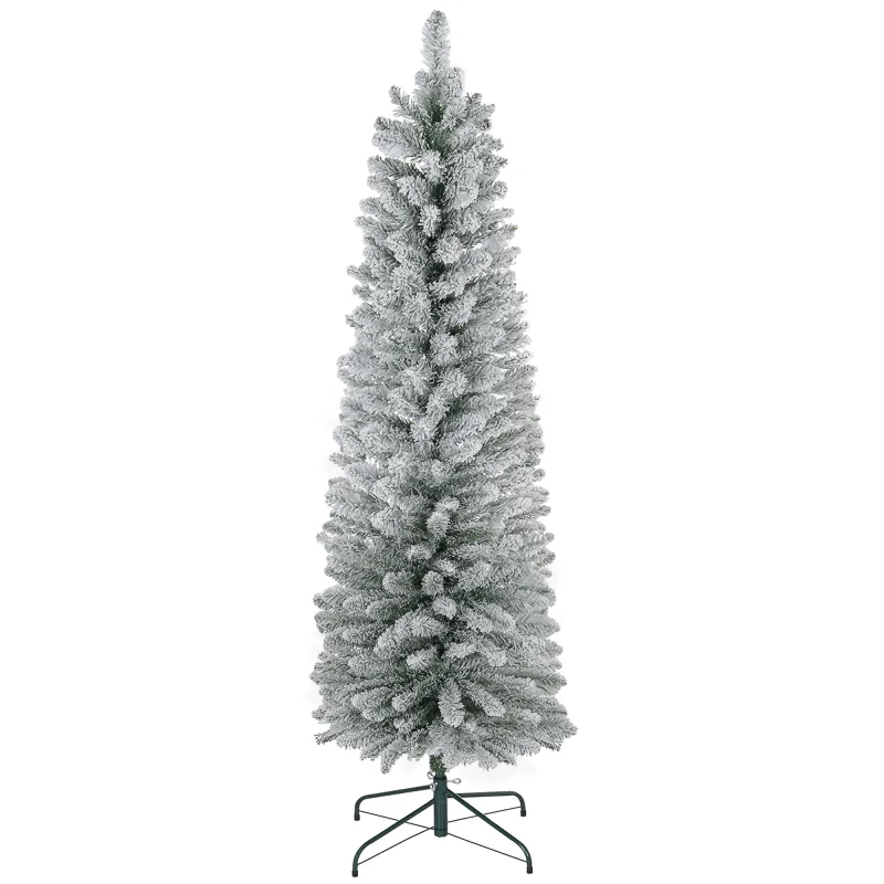 5ft Artificial Christmas Tree, Snow Flocked Branches, Metal Base, Pencil Xmas Tree