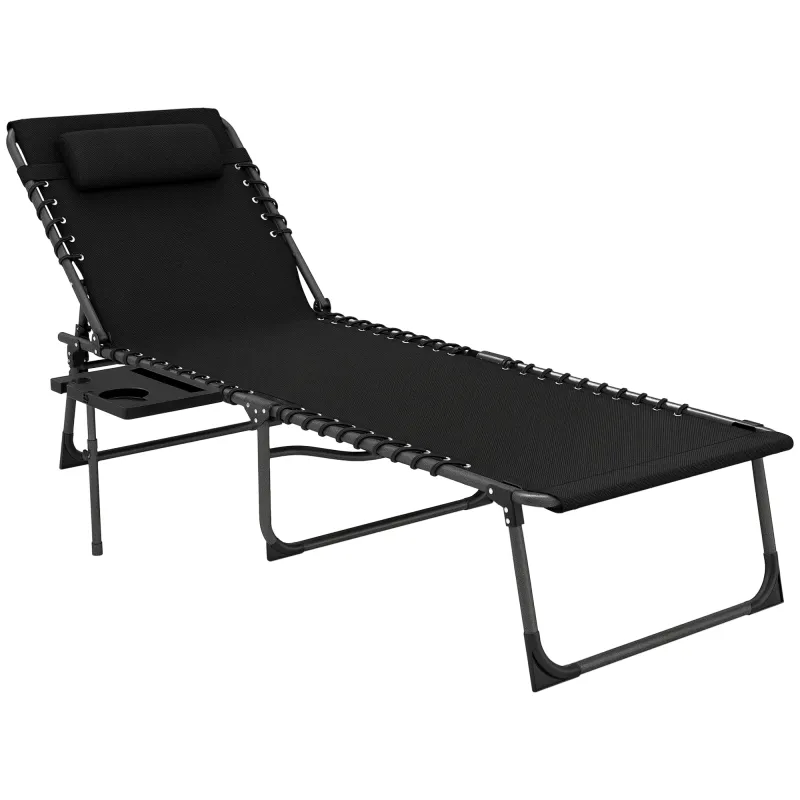 Folding Outdoor Chaise Lounge Chair Tanning Chair with 5-Level Adjustable Back, Side Table, Pillow, Pocket, Black