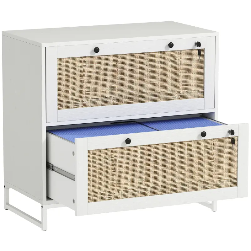 Lockable Filing Cabinet, Boho 2 Drawer File Cabinet with Adjustable Hanging Bar for Letter, A4 and Legal Size, White