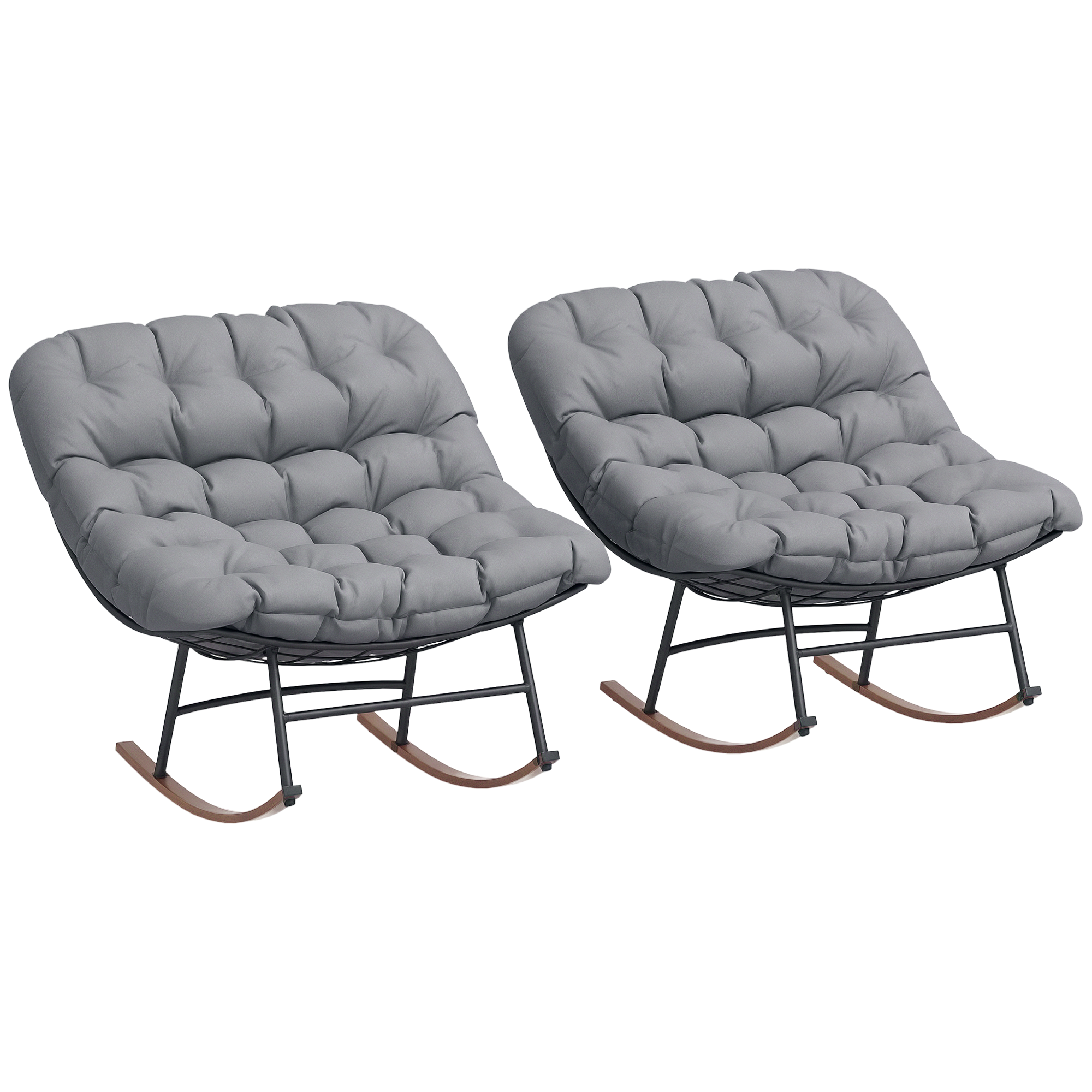 Outdoor Rocking Chair Patio Set of 2, Oversized Rocking Papasan Chairs with Cushions for Garden Porch, 265 lbs., Gray