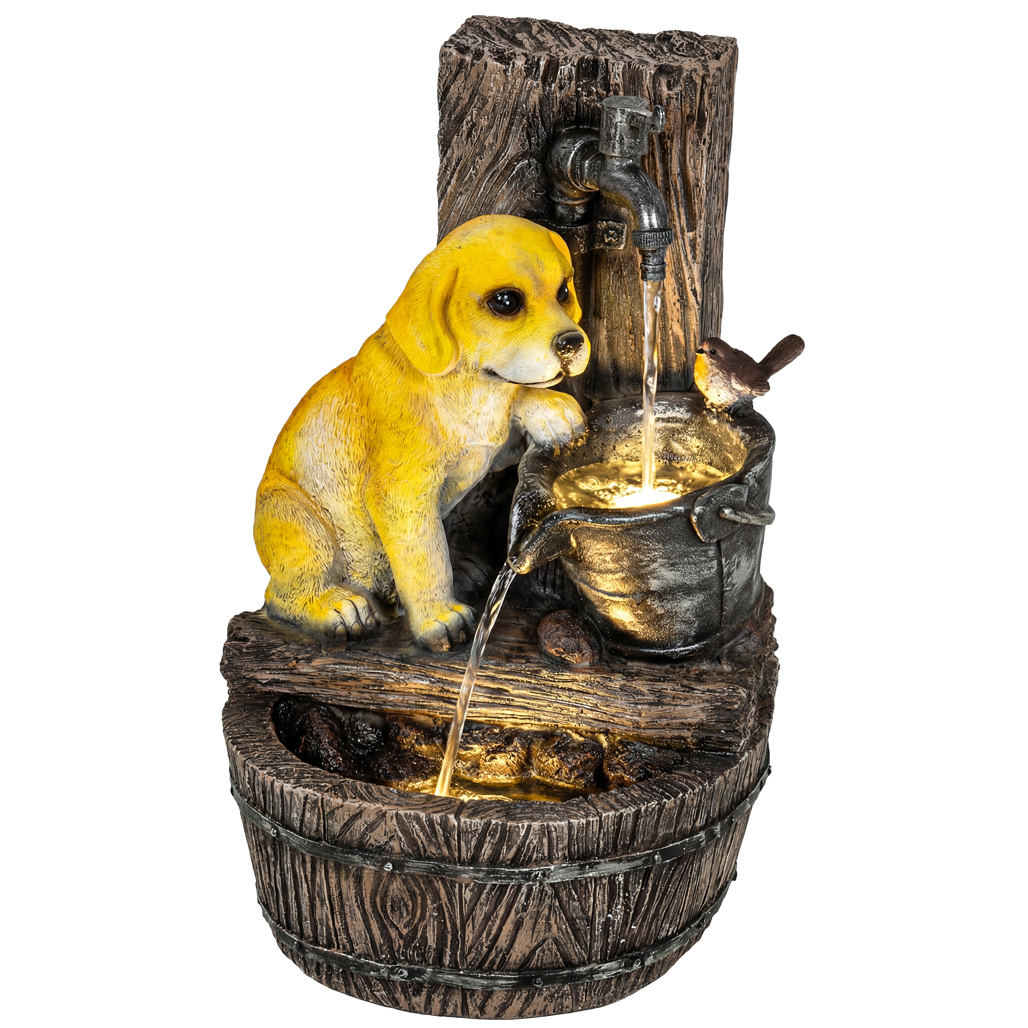 22" Outdoor Fountain with 3-Tier Puppy Theme, Resin Garden Fountain with LED Lights, Adjustable Flow, Rustic Brown