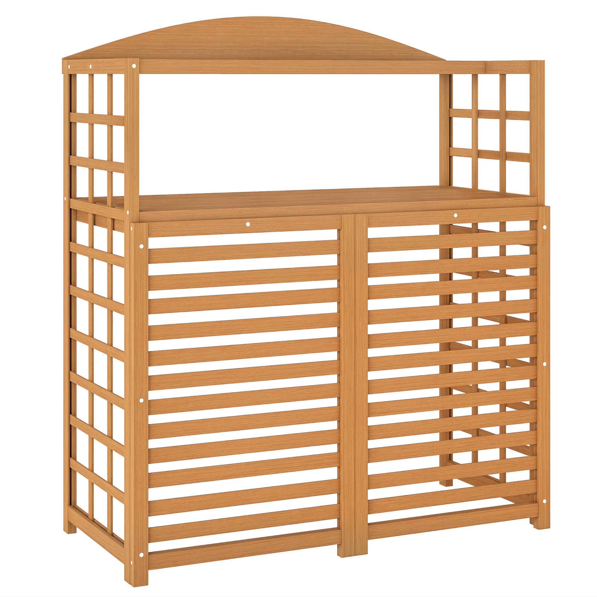 Outdoor Air Conditioner Fence Privacy Screen, Wood AC Fence Potting Table with Shelves for Patio, Light Brown