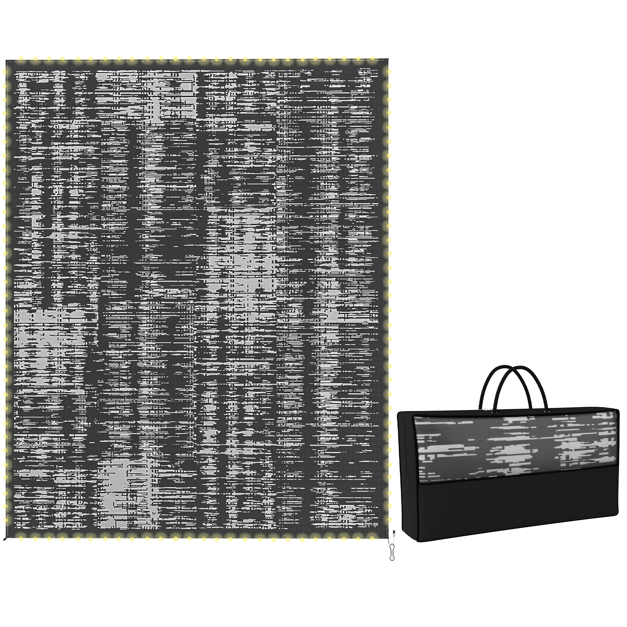 Reversible Outdoor Rug Carpet with LED Lights, Carry Bag & Ground Stakes for Backyard, Deck, Picnic, Beach, 10' x 8'