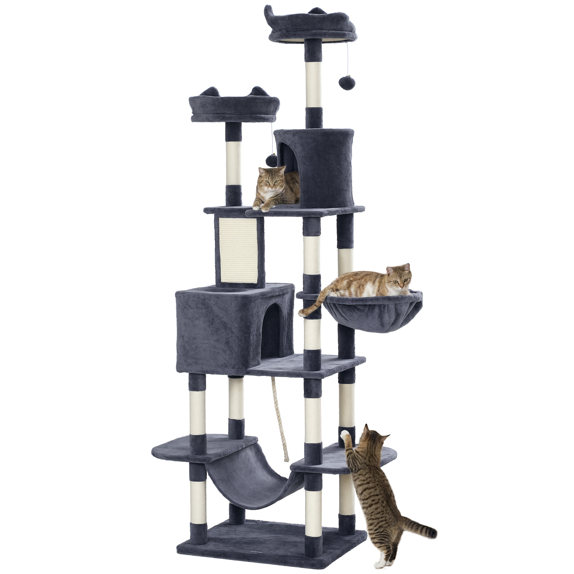 81" Cat Tree w/ Cat Scratching Posts, Scratching Board, Condos, Beds, Hammocks, Toy Balls, Rope Cat Toy, Gray