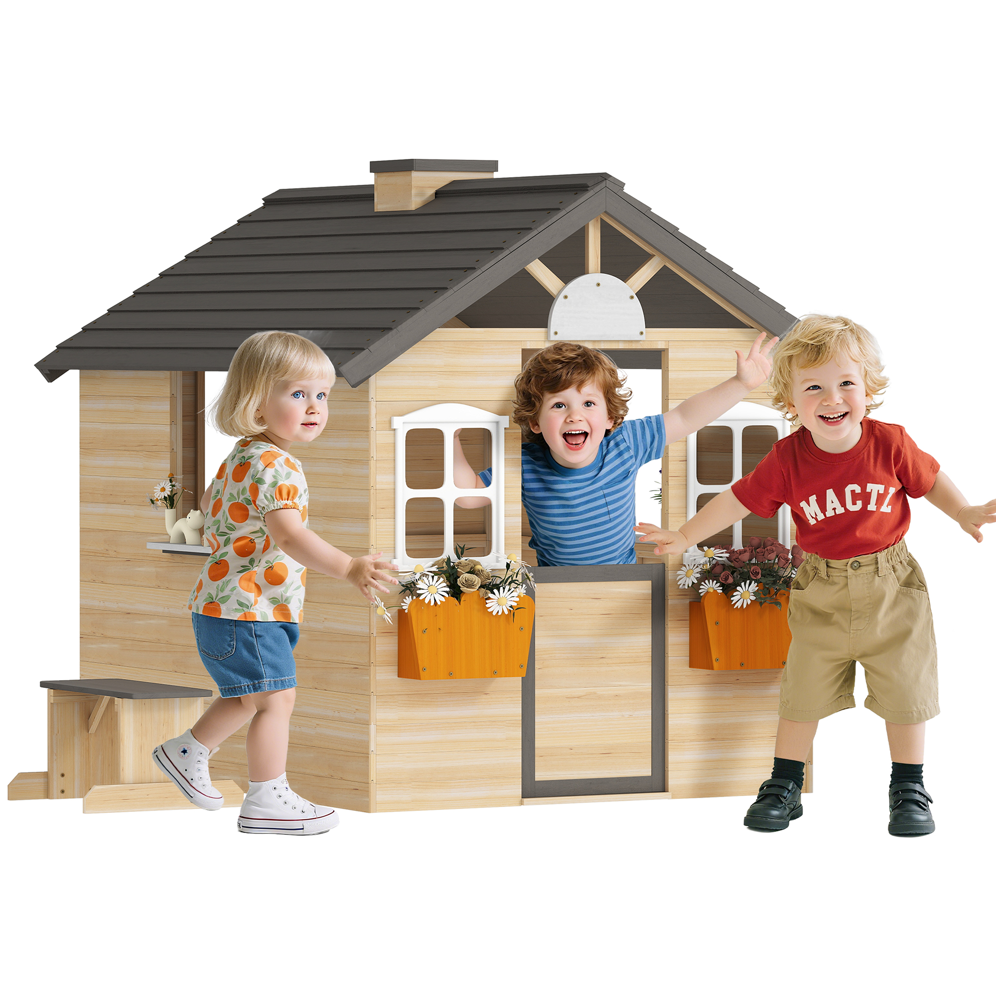  Wooden Playhouse for Kids Outdoor Garden Pretend Play Games, Adventures Cottage, with Working Door, Windows, Bench, Service Station, Flowers Pot Holder, for 3-7 Years Old