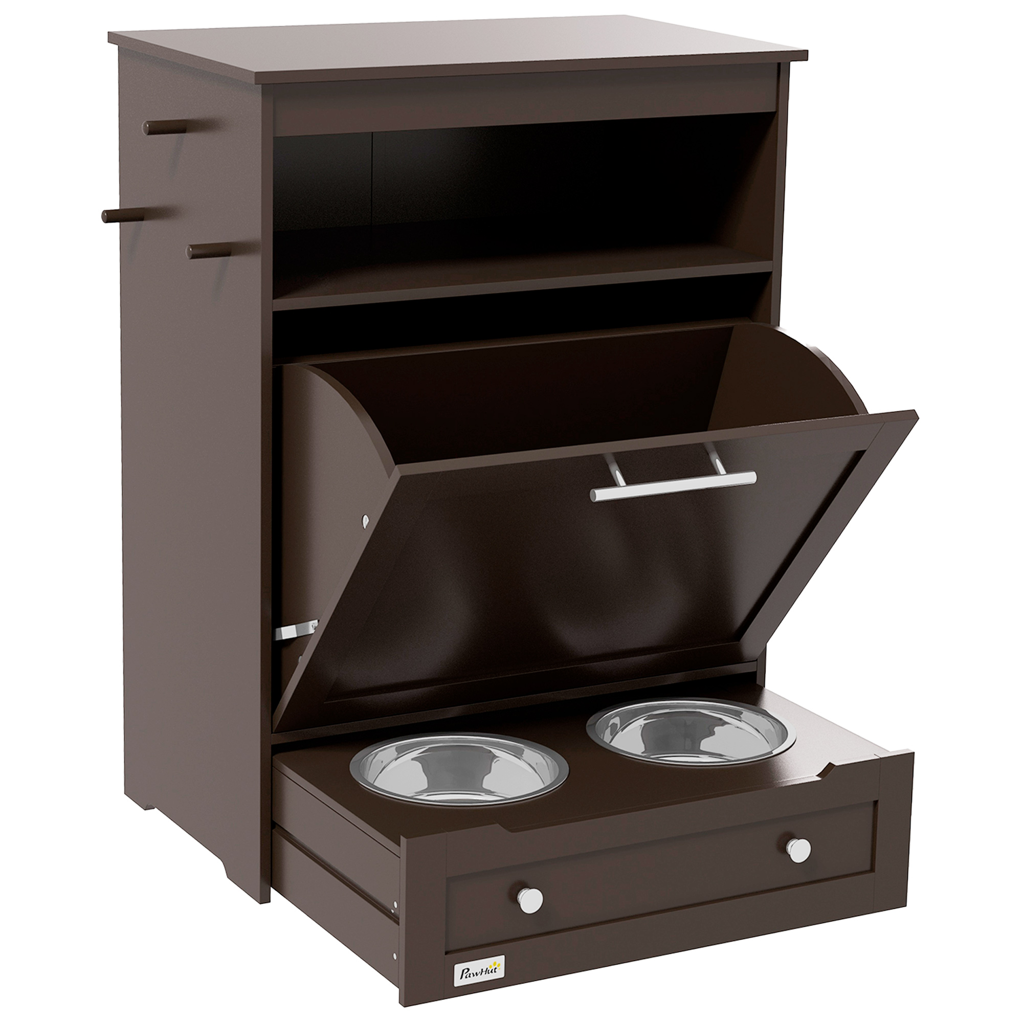 Pet Feeder Station Storage Cabinet, Dog Food Storage Container with Dog Raised Bowls, Watering Supplies, Gray