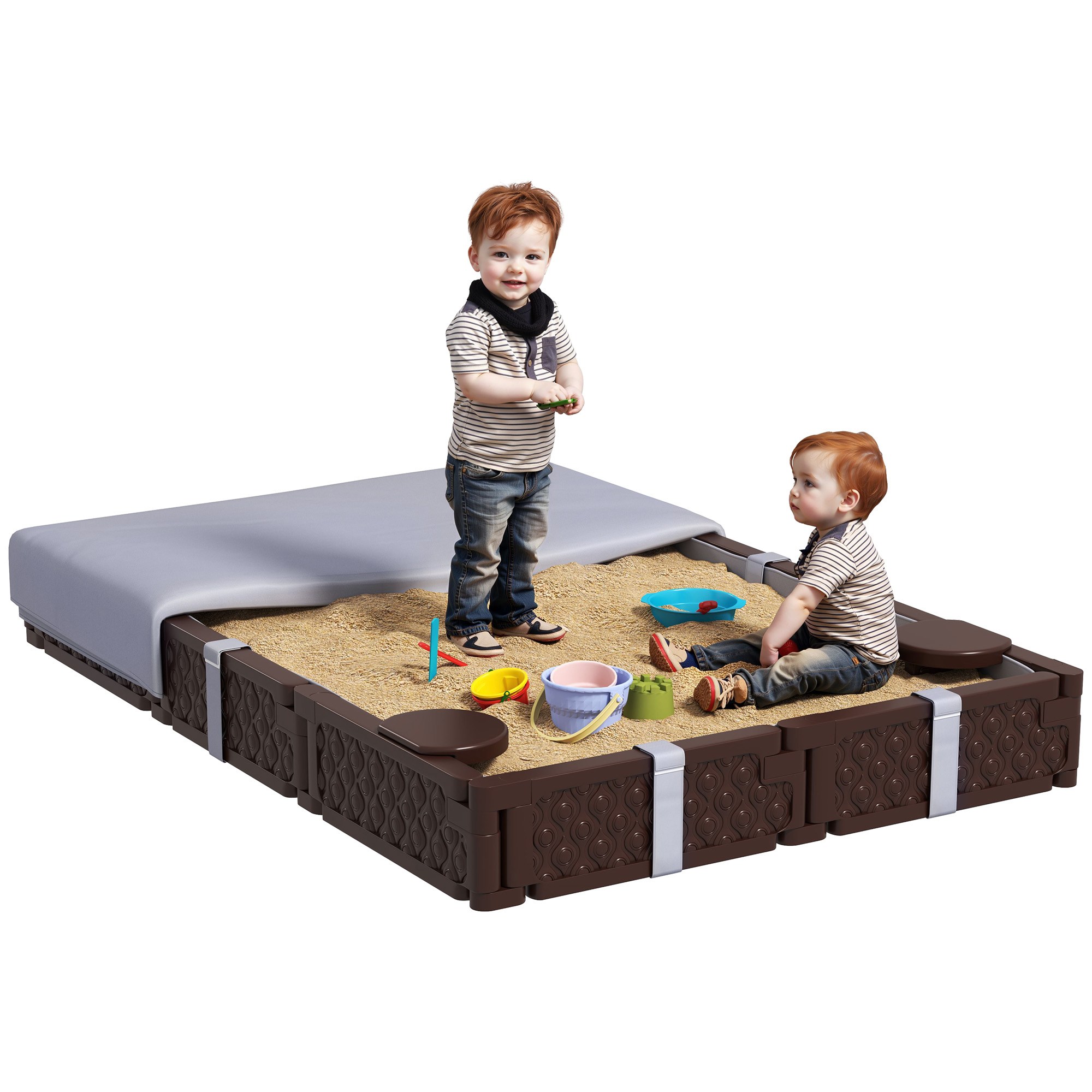 Kids Sandbox with Cover, 4 Corner Seats, Bottom Liner for Backyard, Garden, Outdoor, 73" x 47" x 9", Dark Brown