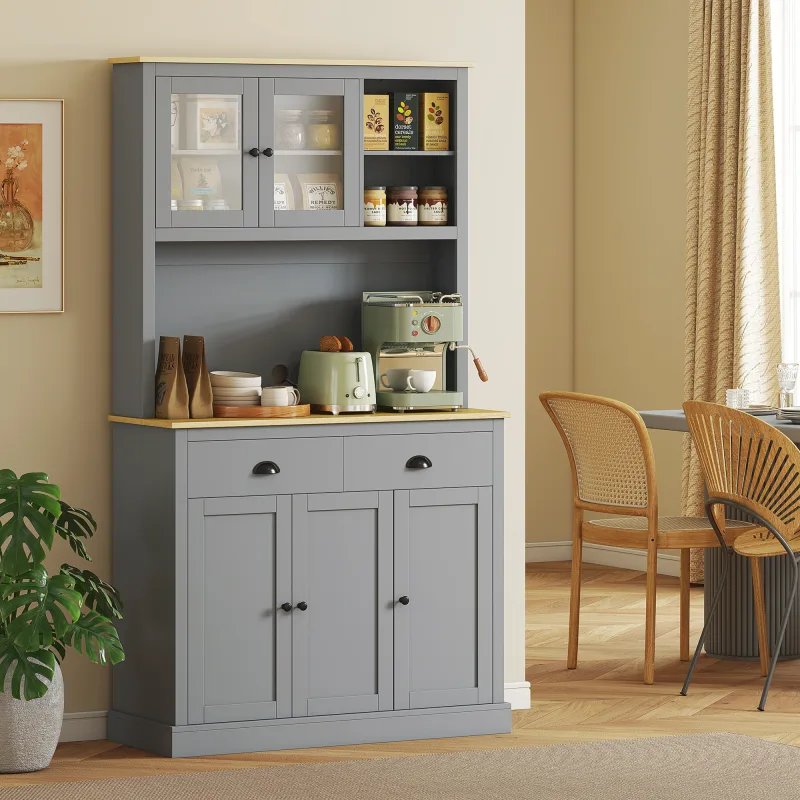Freestanding Kitchen Cabinet, 71" Tall Pantry Cabinet, Modern Hutch with Wide Countertop, Adjustable Shelves, Gray