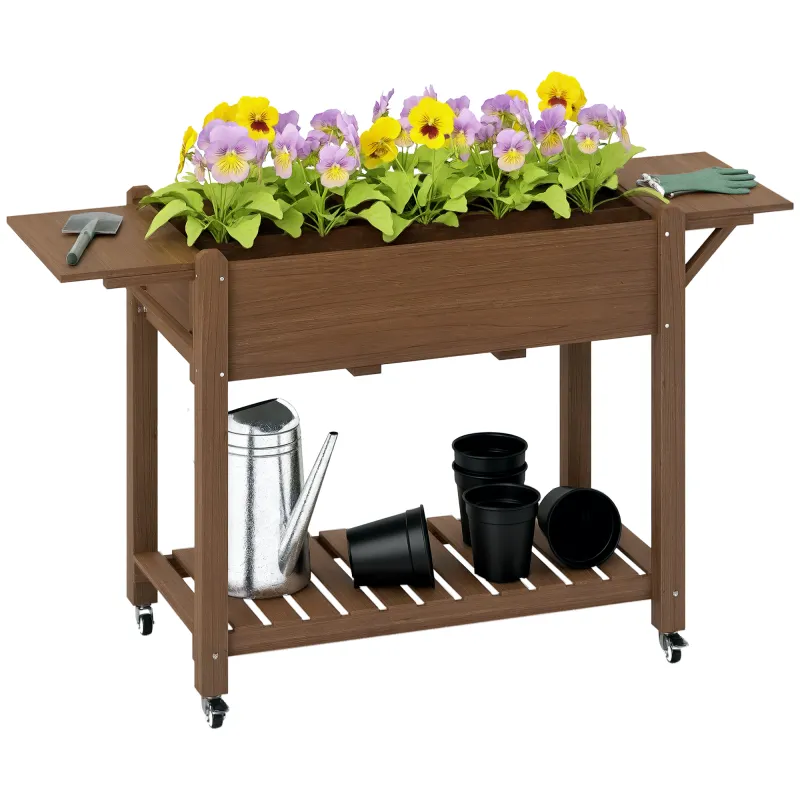 Wood Raised Planter Box, Elevated Garden Bed with Lockable Wheels, Side Tables, Bottom Shelf, Drain Holes, Carbonized