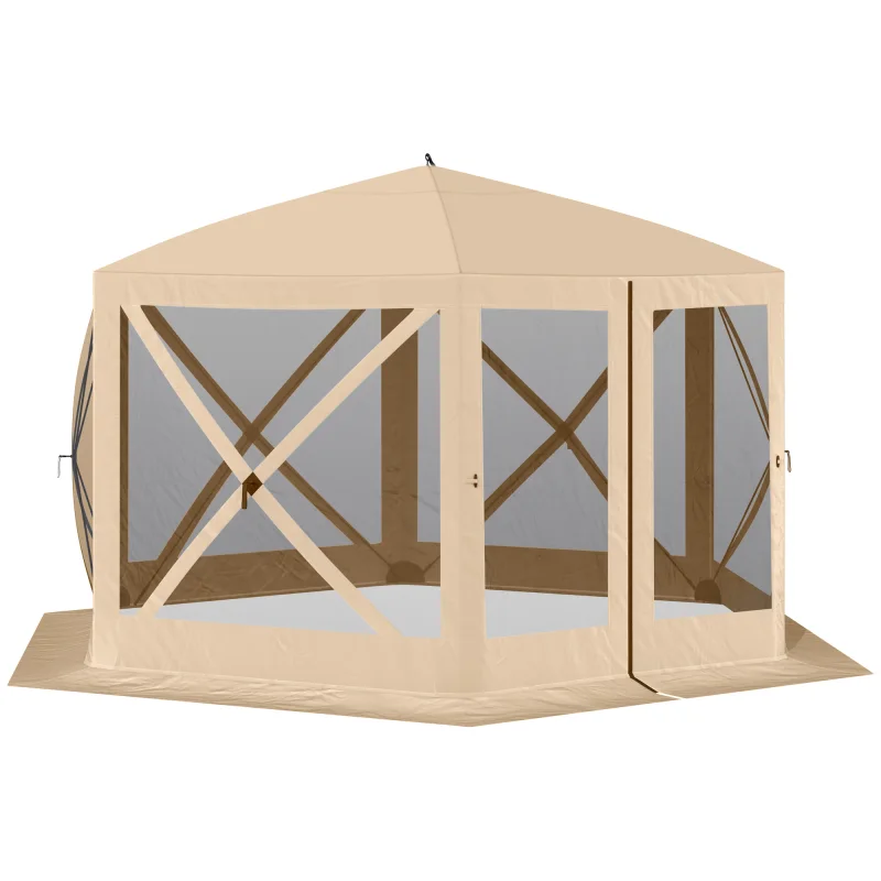 6-Sided Hexagon Pop Up Party Tent Gazebo with Mesh Netting Walls & Shaded Interior, 12' x 12', Beige